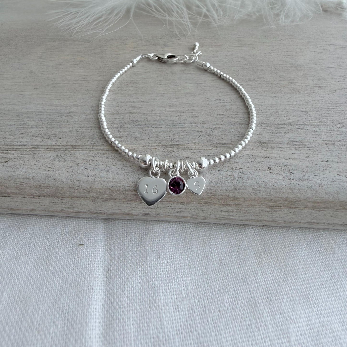 February Birthstone Bracelet, Personalised Sterling Silver Initial & Age Charm Gift for 16th 18th 21st 30th 40th 50th 60th 70th Birthday