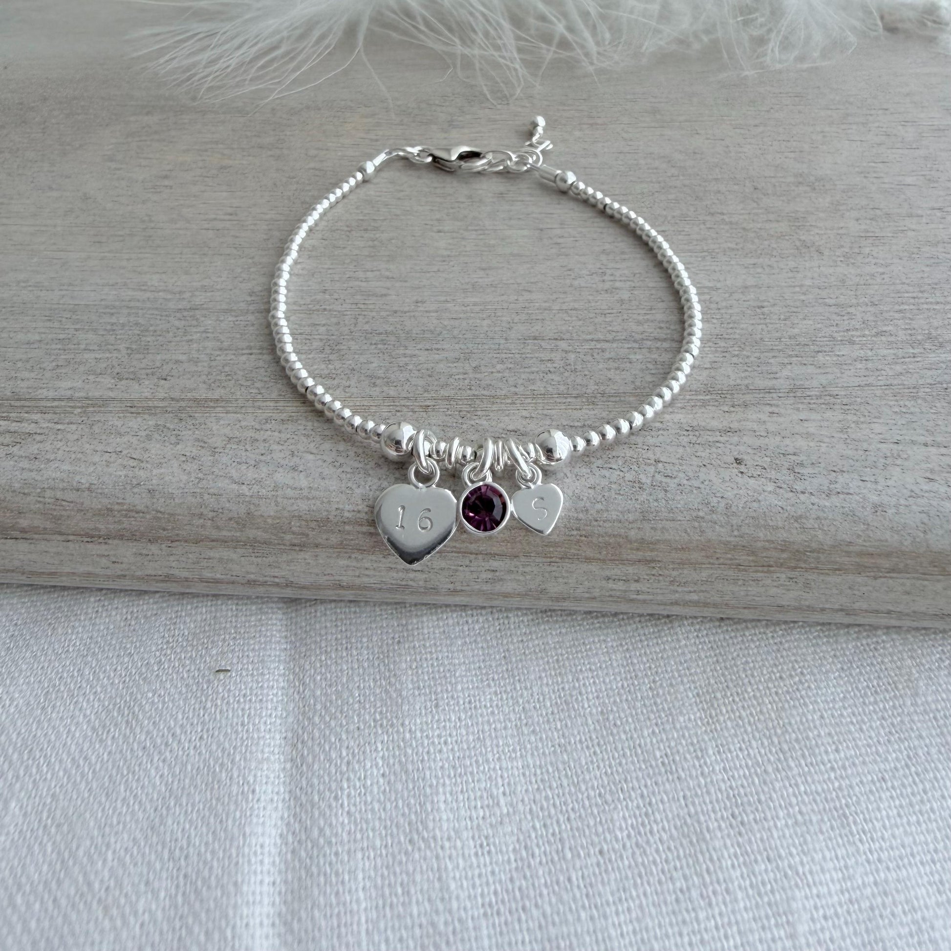 February Birthstone Bracelet, Personalised Sterling Silver Initial & Age Charm Gift for 16th 18th 21st 30th 40th 50th 60th 70th Birthday