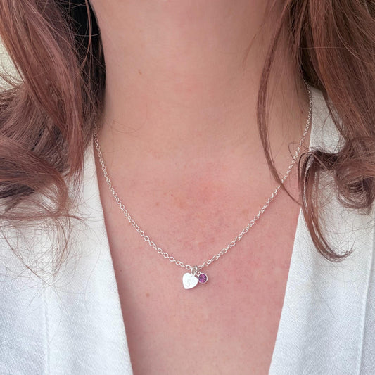 Personalised February Birthstone Initial Necklace in Sterling Silver with Crystal Charm, Birthday Jewellery gift for women