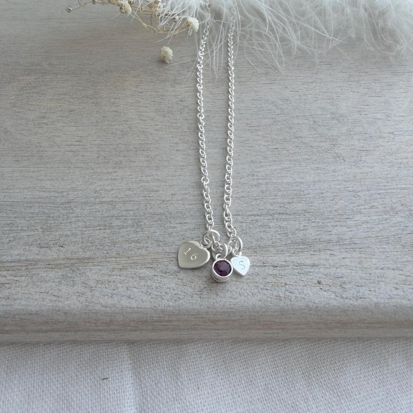 Personalised February Birthstone Necklace in Sterling Silver with Milestone Age for 16th 18th 21st 30th 40th 50th 60th 70th