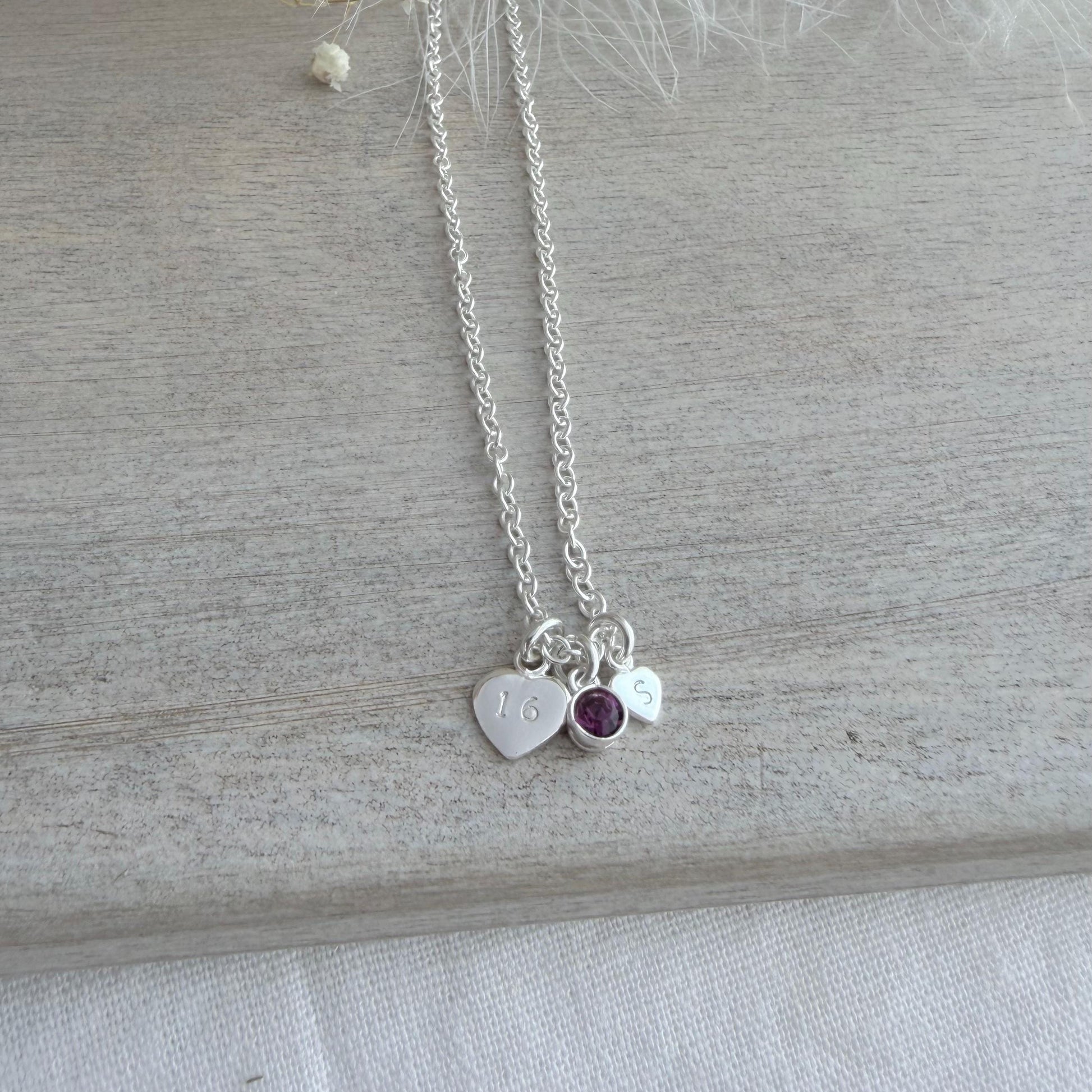 Personalised February Birthstone Necklace in Sterling Silver with Milestone Age for 16th 18th 21st 30th 40th 50th 60th 70th