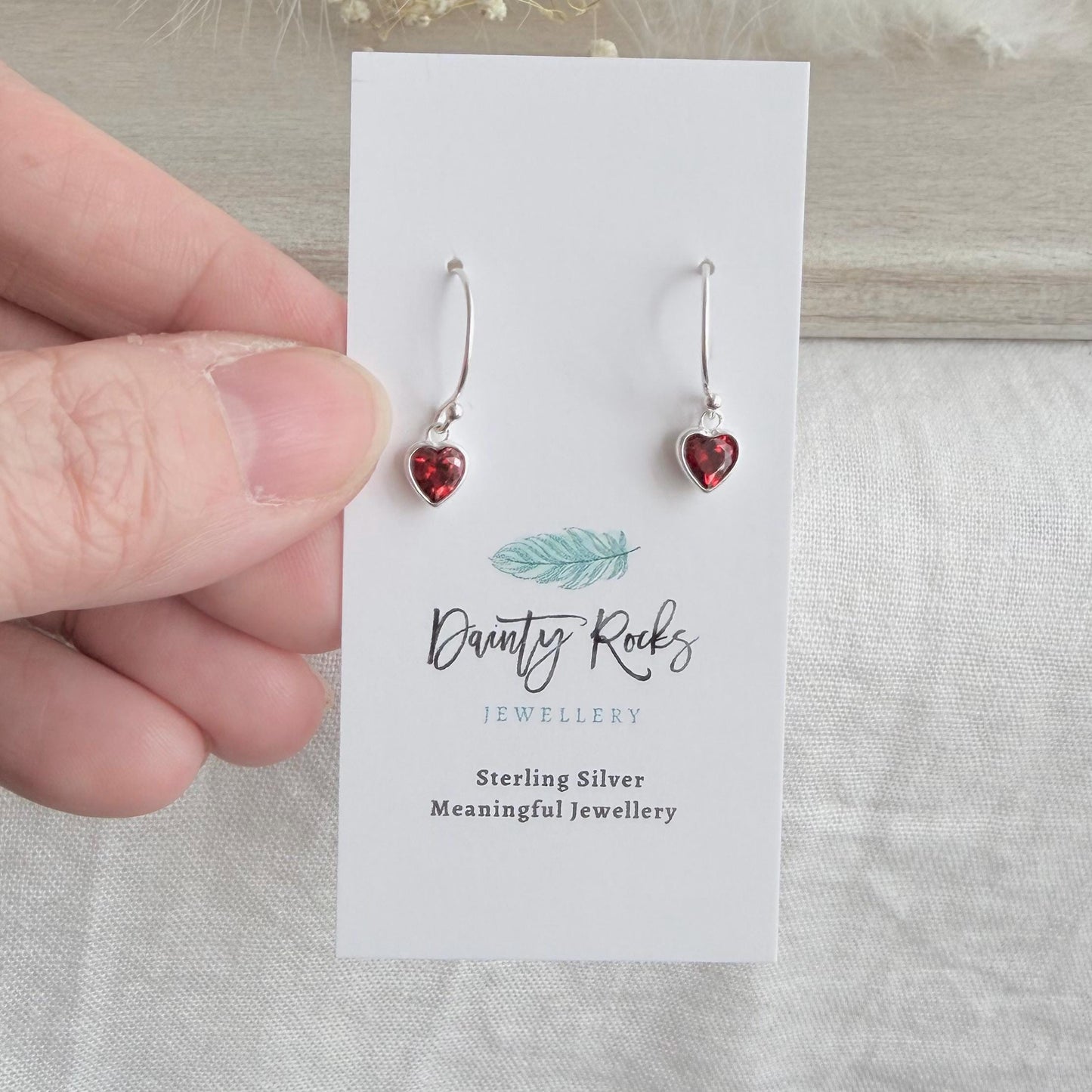 Heart shaped January Birthstone Earrings, Sterling Silver Cubic Zirconia drops