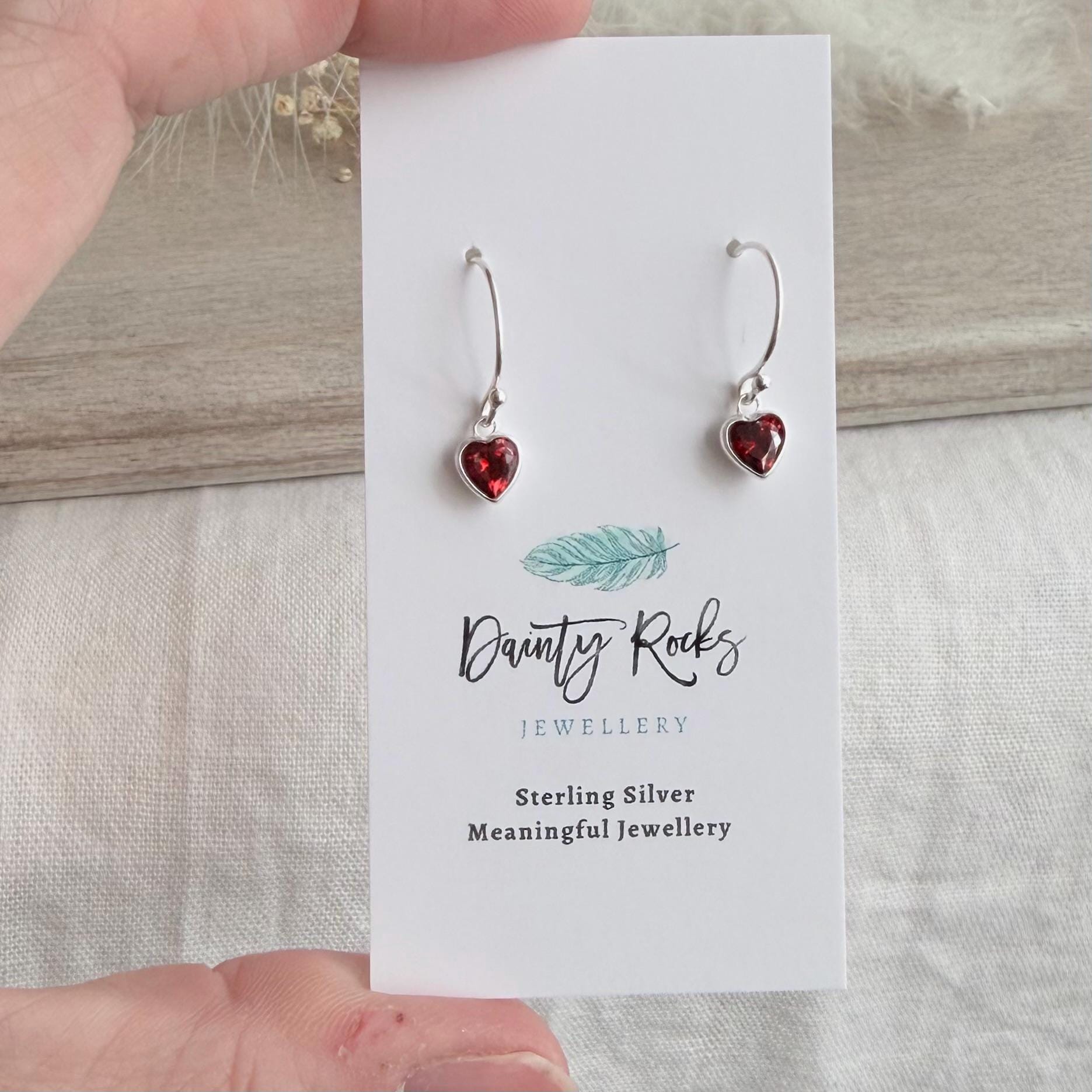 Heart shaped January Birthstone Earrings, Sterling Silver Cubic Zirconia drops