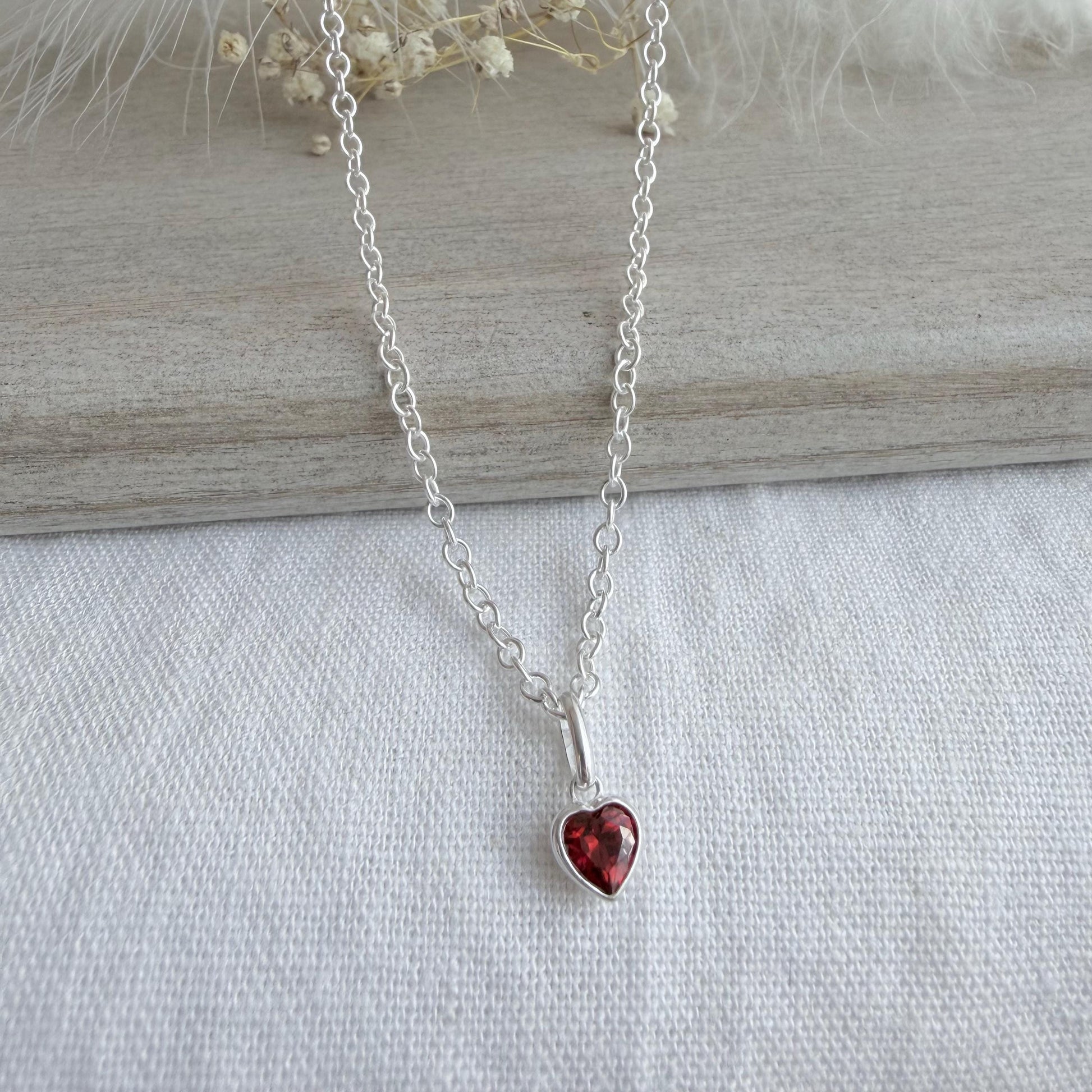 Heart shaped January Birthstone Necklace, Sterling Silver Cubic Zirconia drops