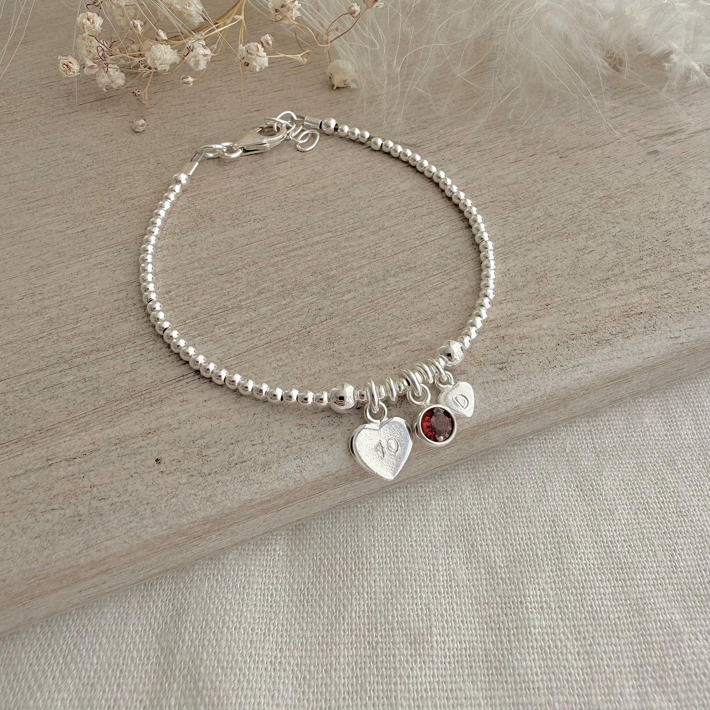 January Birthstone Bracelet, Personalised Sterling Silver Initial & Age Charm Gift for 18th 21st 30th 40th 50th 60th 70th Birthday