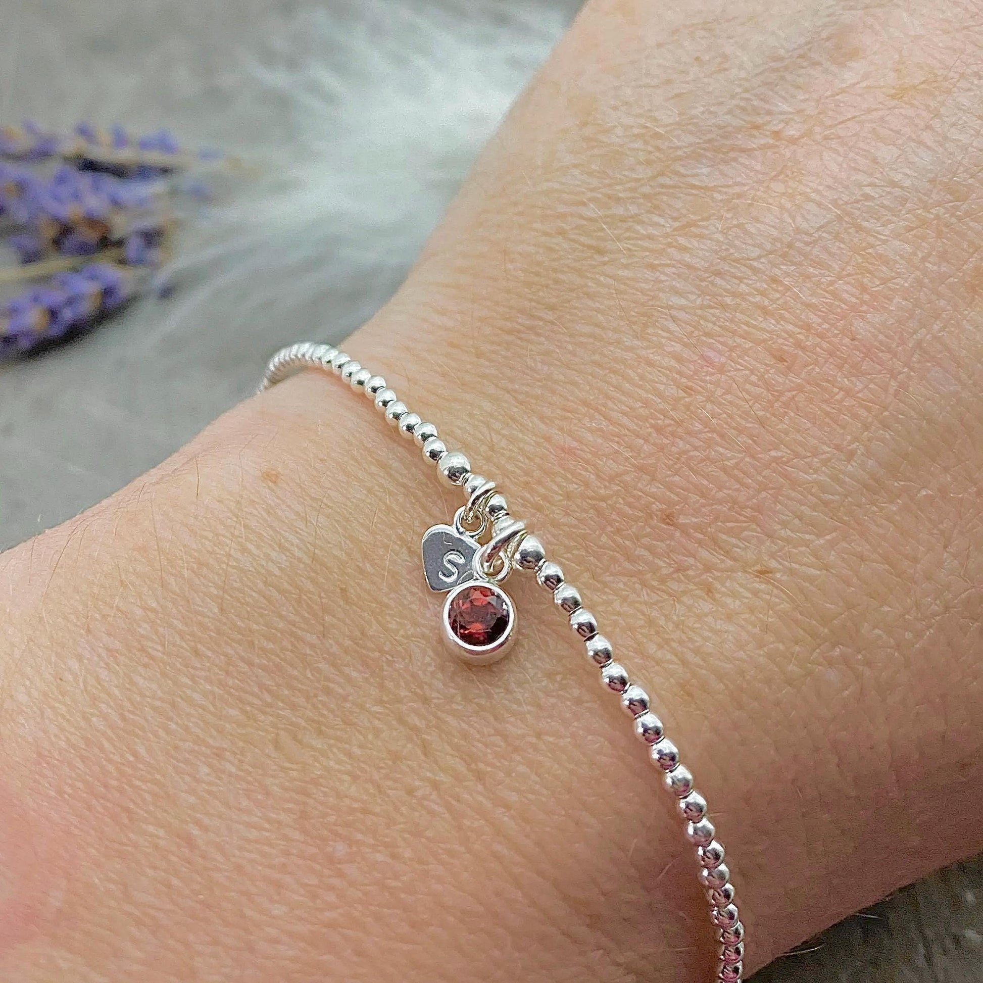 Dainty January Birthstone CZ Initial Bracelet, Personalised Jewellery