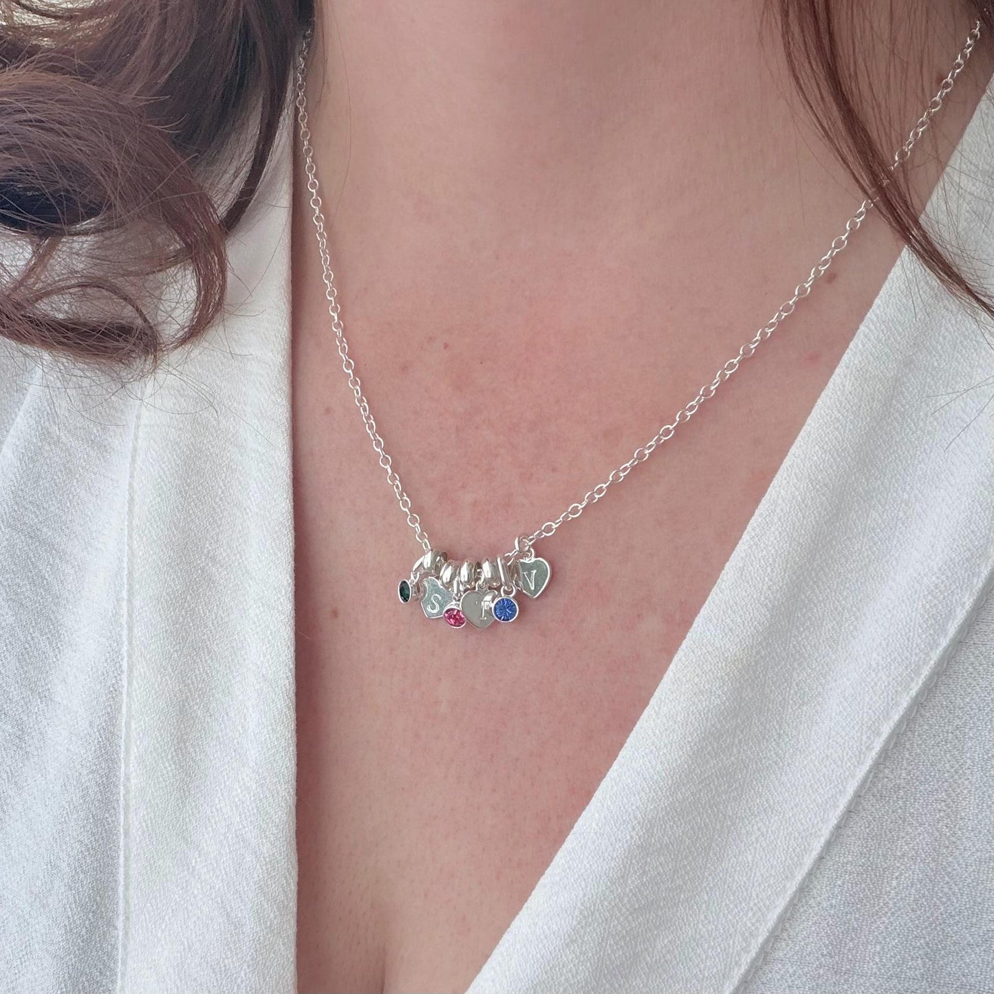 Personalised Heart Charms & Birthstone Necklace, Sentimental Gift for Mum with Family Birthstones