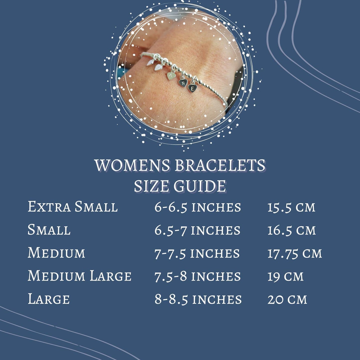 The image is a size guide for women's bracelets, providing measurements for different bracelet sizes ranging from extra small to large.