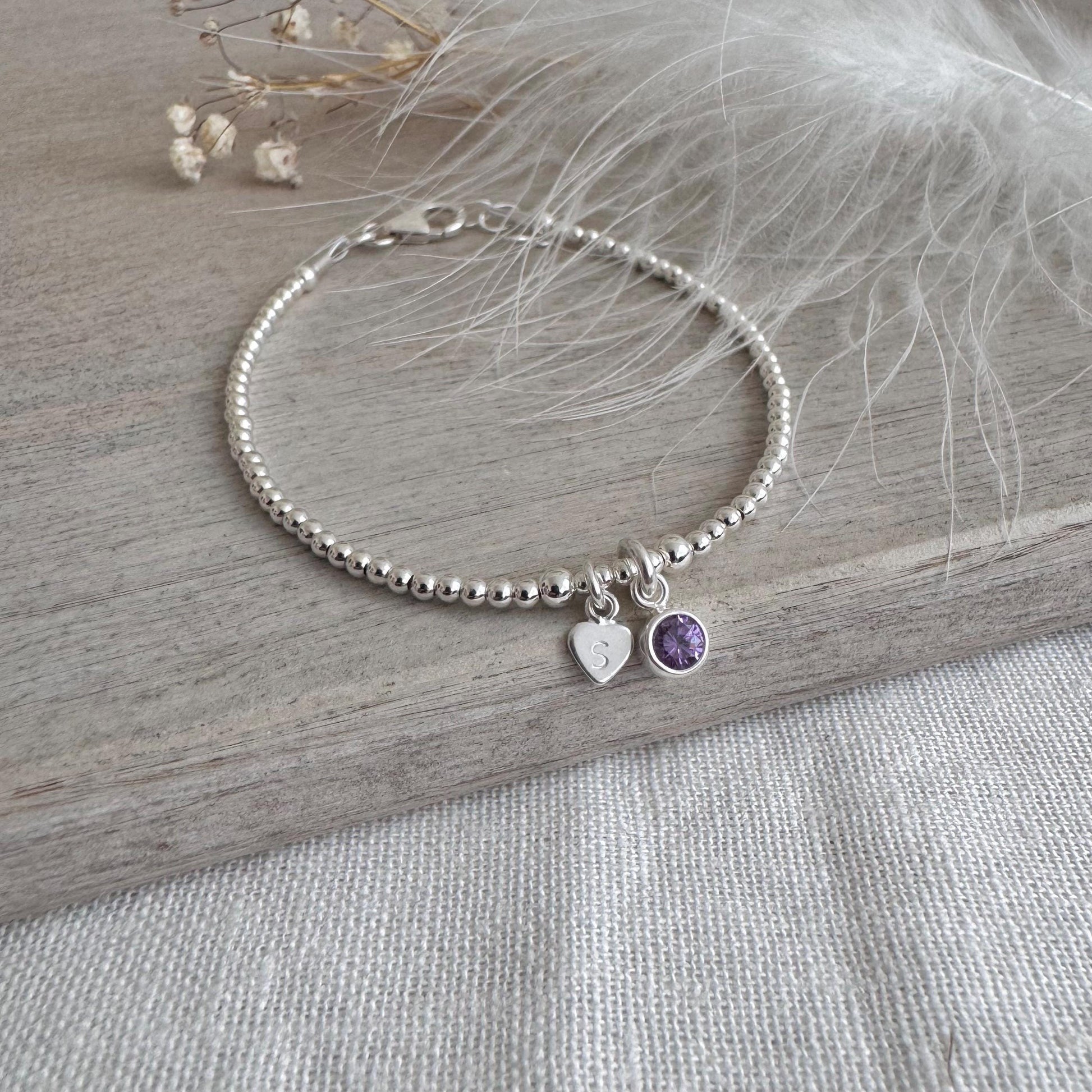Dainty February Birthstone CZ Initial Bracelet, Personalised Jewellery