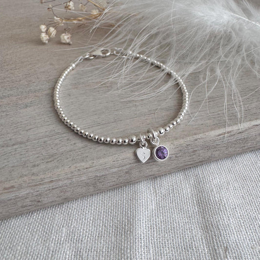 Dainty February Birthstone CZ Initial Bracelet, Personalised Jewellery