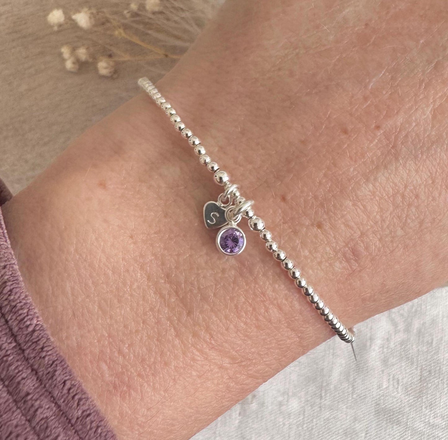 Dainty February Birthstone CZ Initial Bracelet, Personalised Jewellery