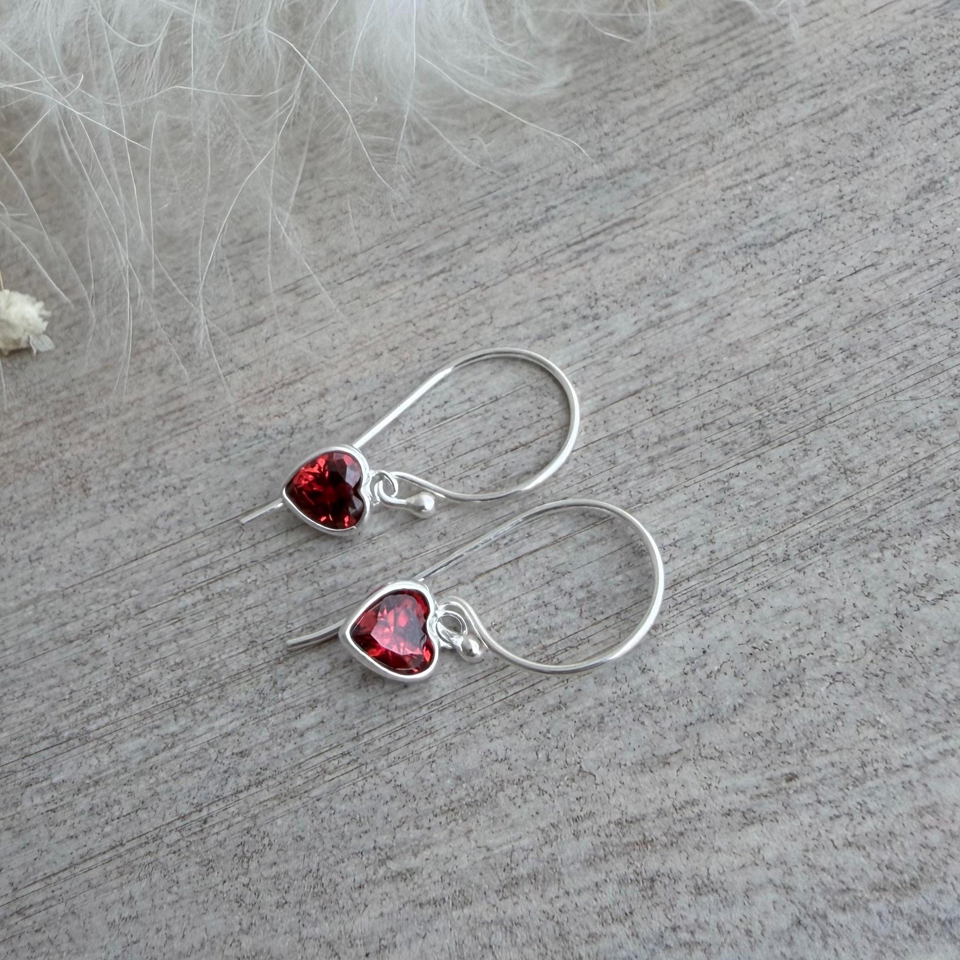 Heart shaped January Birthstone Earrings, Sterling Silver Cubic Zirconia drops