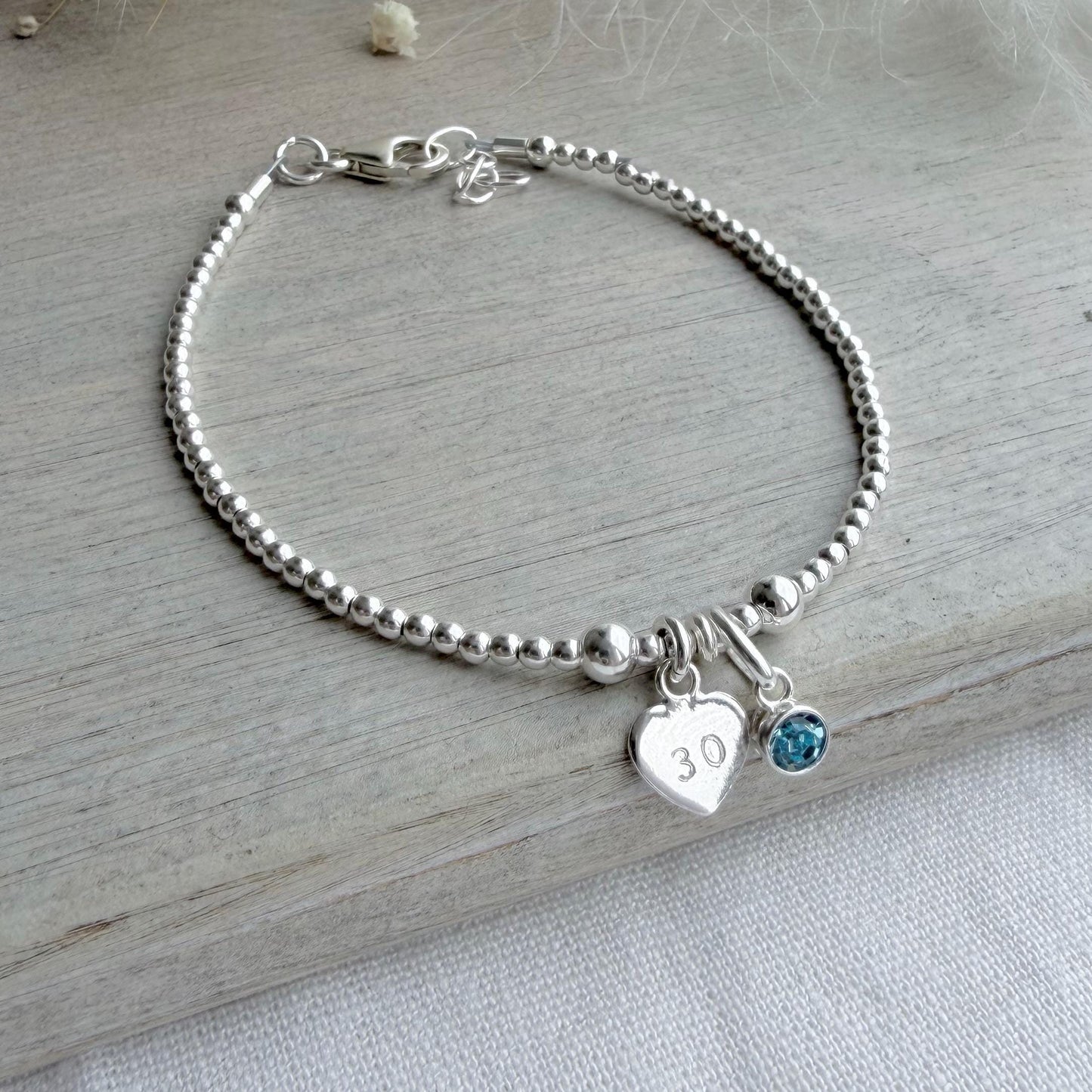 March Birthstone Bracelet, Milestone Birthday Gift with CZ crystal in sterling silver for 16th 18th 21st 30th 40th 50th 60th for women