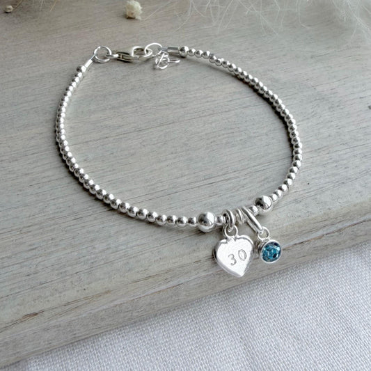 March Birthstone Bracelet, Milestone Birthday Gift with CZ crystal in sterling silver for 16th 18th 21st 30th 40th 50th 60th for women