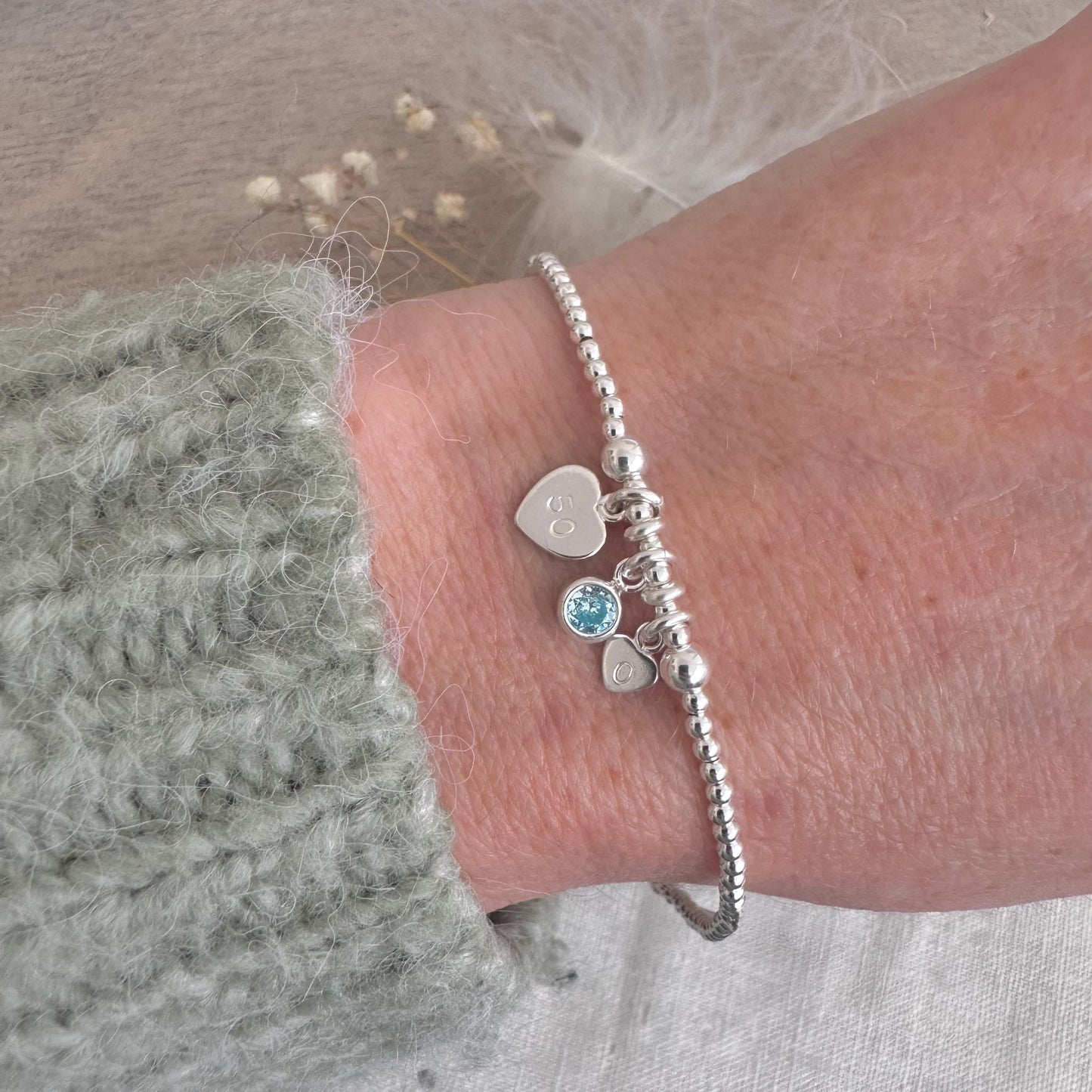 March Birthstone Bracelet, Personalised Initial & Age in Sterling Silver for 16th 18th 21st 30th 40th or 50th