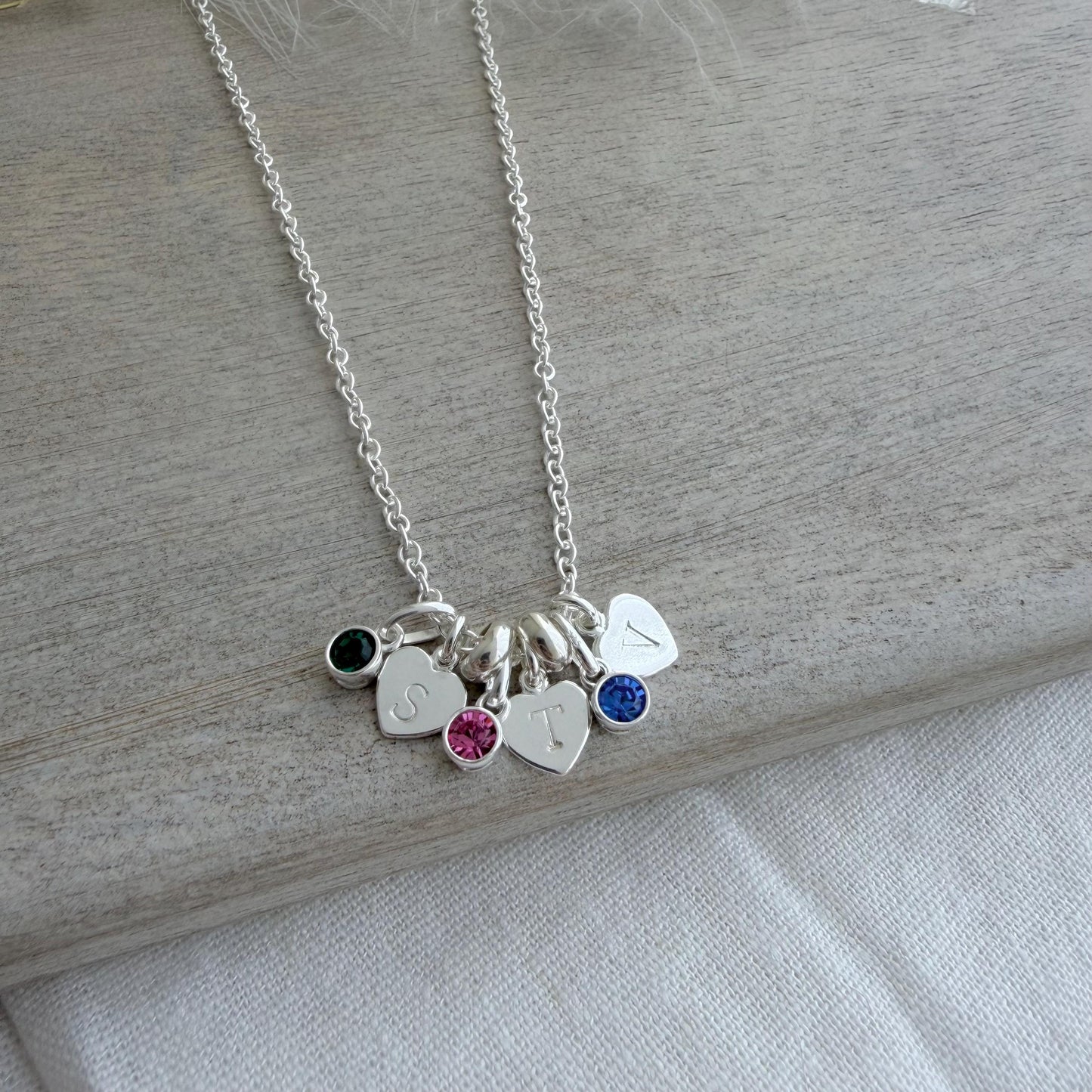 Personalised Heart Charms & Birthstone Necklace, Sentimental Gift for Mum with Family Birthstones