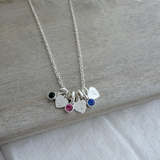 Personalised Heart Charms & Birthstone Necklace, Sentimental Gift for Mum with Family Birthstones