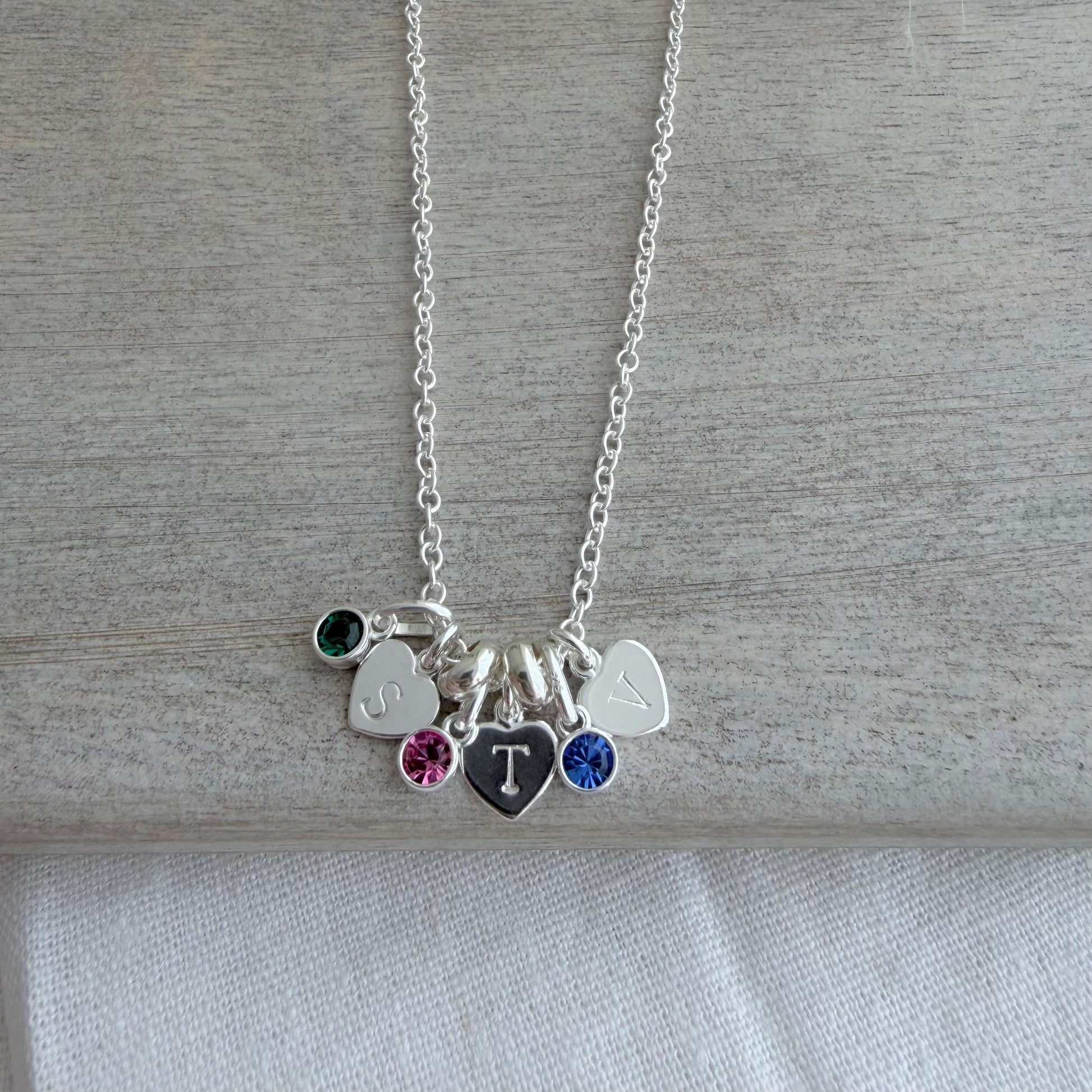 Personalised Heart Charms & Birthstone Necklace, Sentimental Gift for Mum with Family Birthstones
