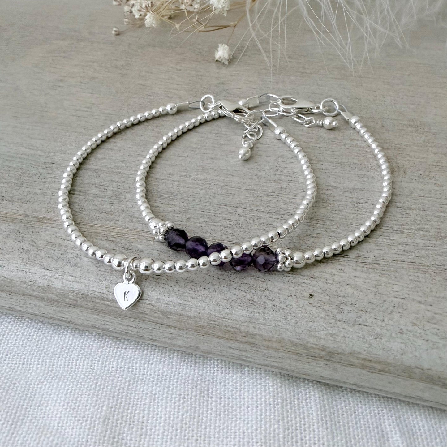 Personalised Amethyst Bracelet Set, February Birthstone Jewellery