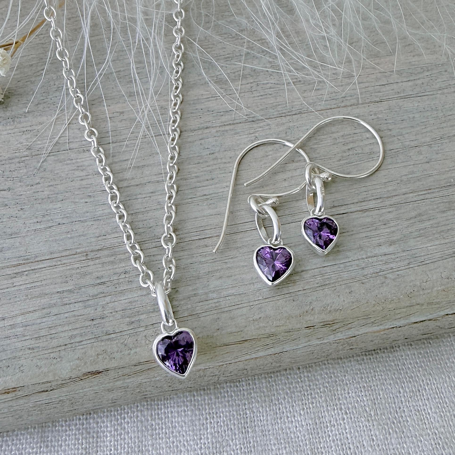 Heart charm February birthstone jewellery set, sterling silver Earrings Necklace set, birthday gift for women