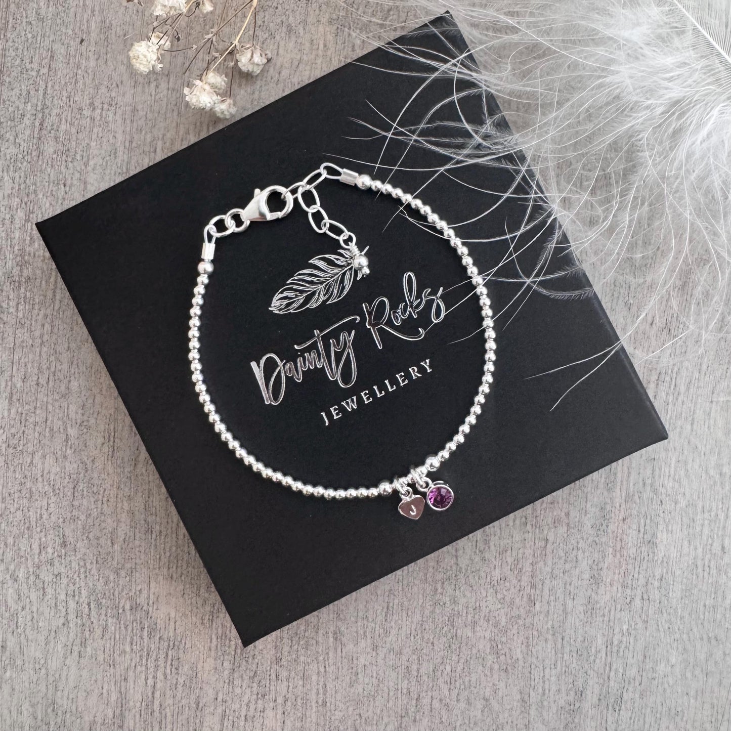 Dainty February Birthstone CZ Initial Bracelet, Personalised Jewellery