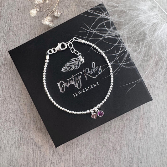 Dainty February Birthstone CZ Initial Bracelet, Personalised Jewellery