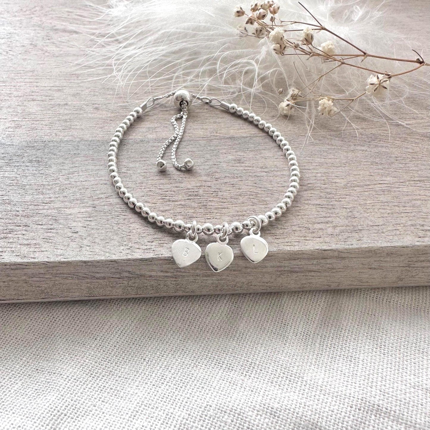 Personalised Silver Bracelet, Adjustable Slider Charm Bracelet with Family Initials