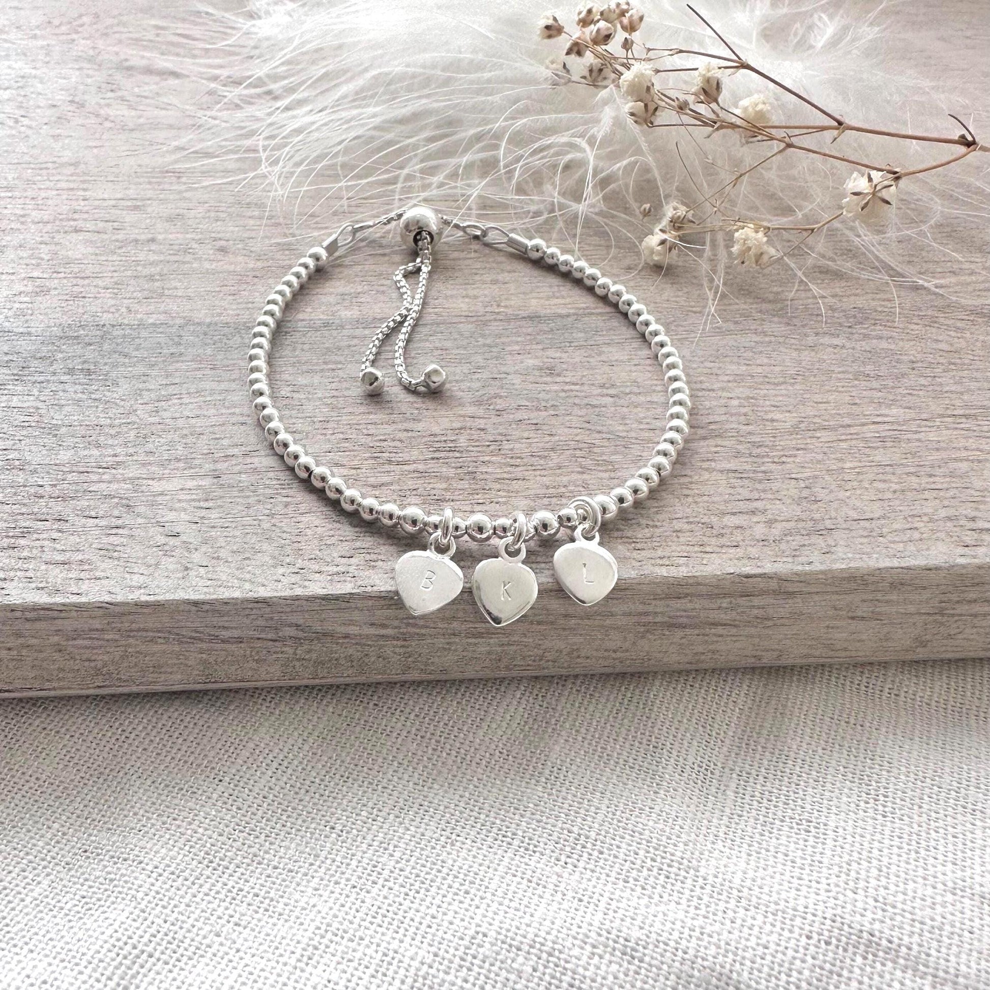 Personalised Silver Bracelet, Adjustable Slider Charm Bracelet with Family Initials