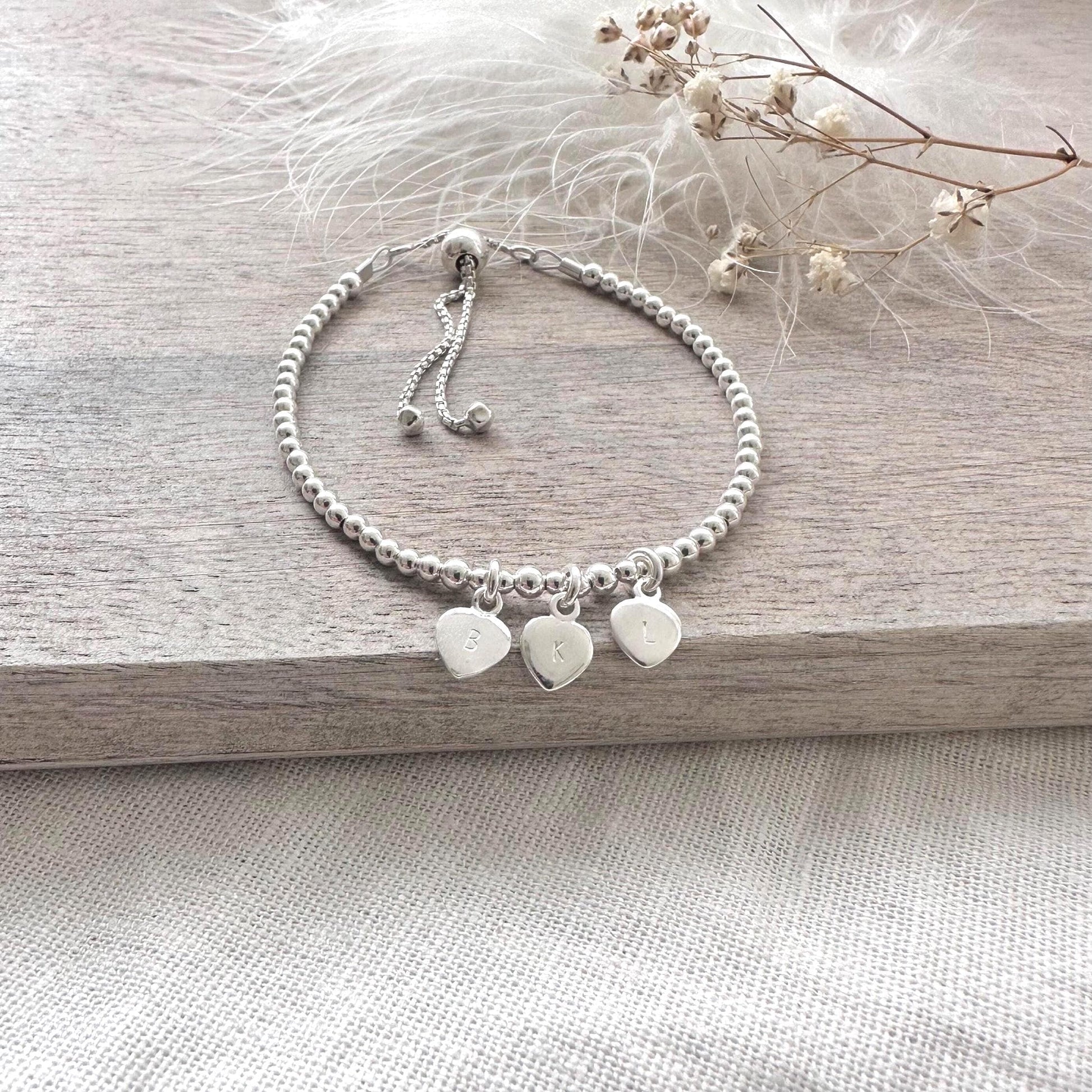Personalised Silver Bracelet, Adjustable Slider Charm Bracelet with Family Initials