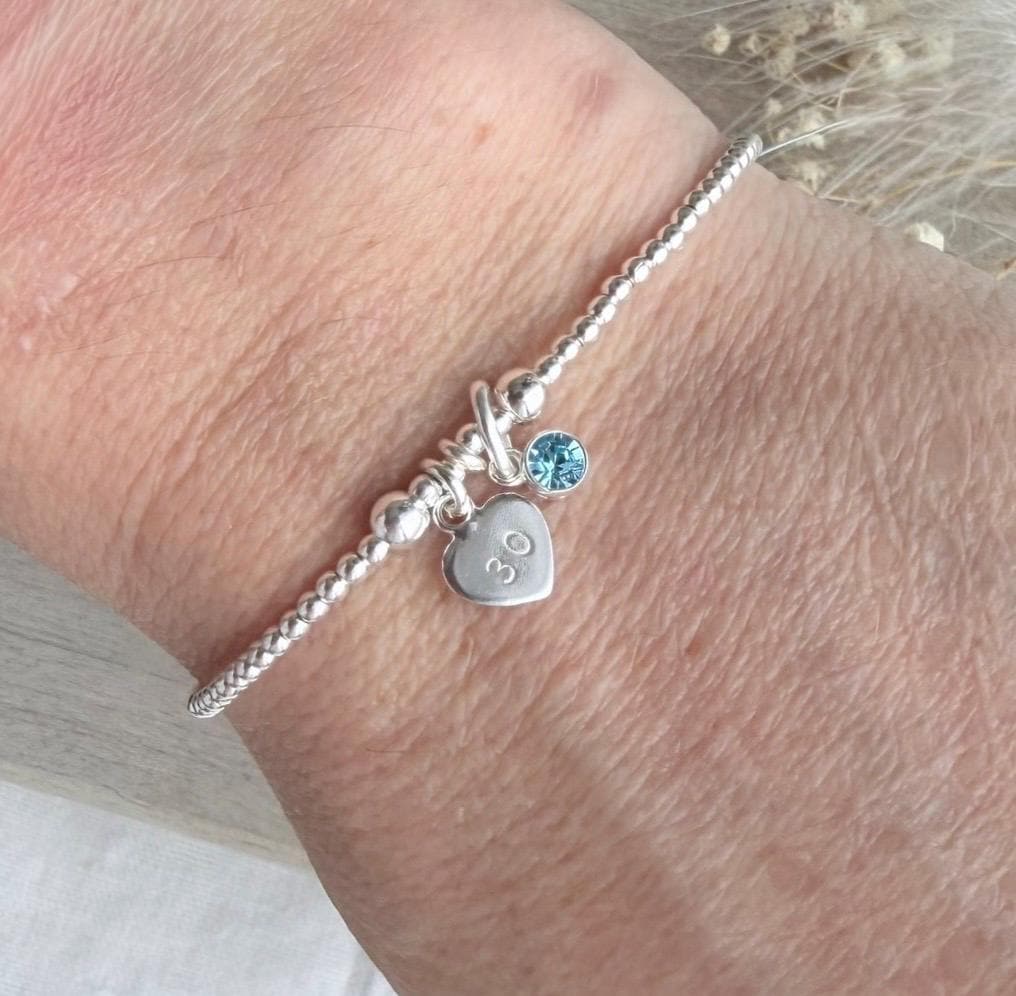 March Birthstone Bracelet, Milestone Birthday Gift with CZ crystal in sterling silver for 16th 18th 21st 30th 40th 50th 60th for women