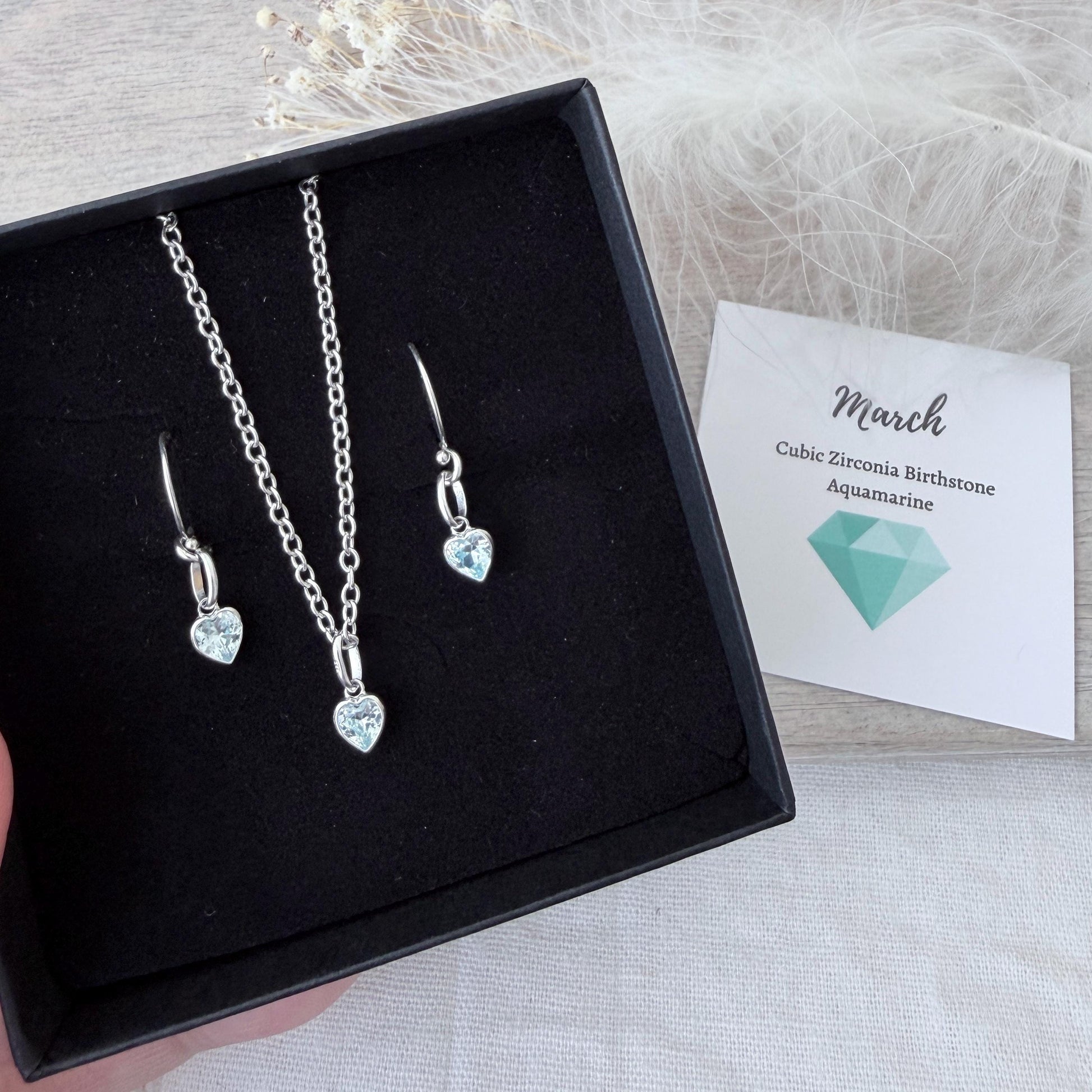 Heart charm March birthstone jewellery set, sterling silver Earrings Necklace set