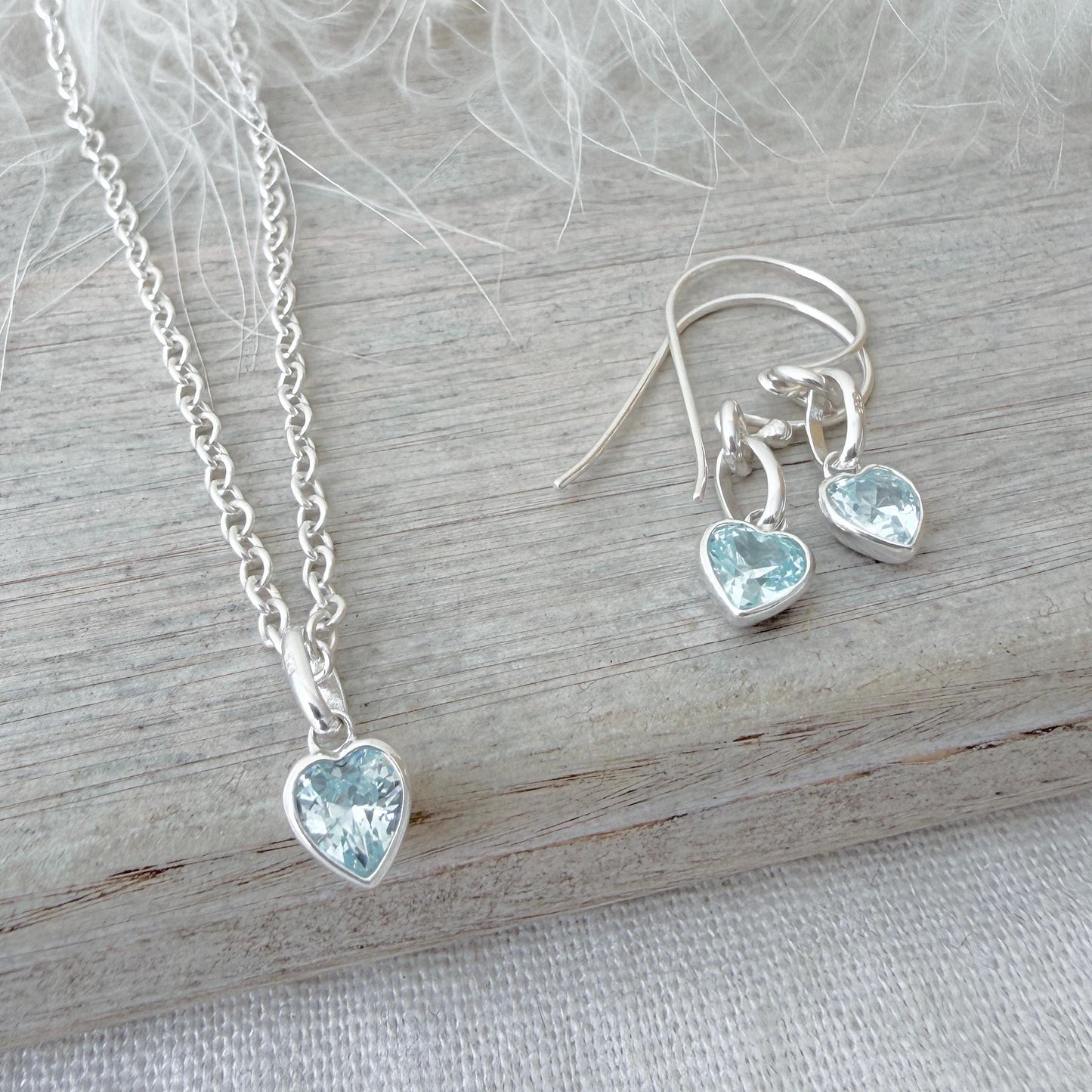 Heart charm March birthstone jewellery set, sterling silver Earrings Necklace set