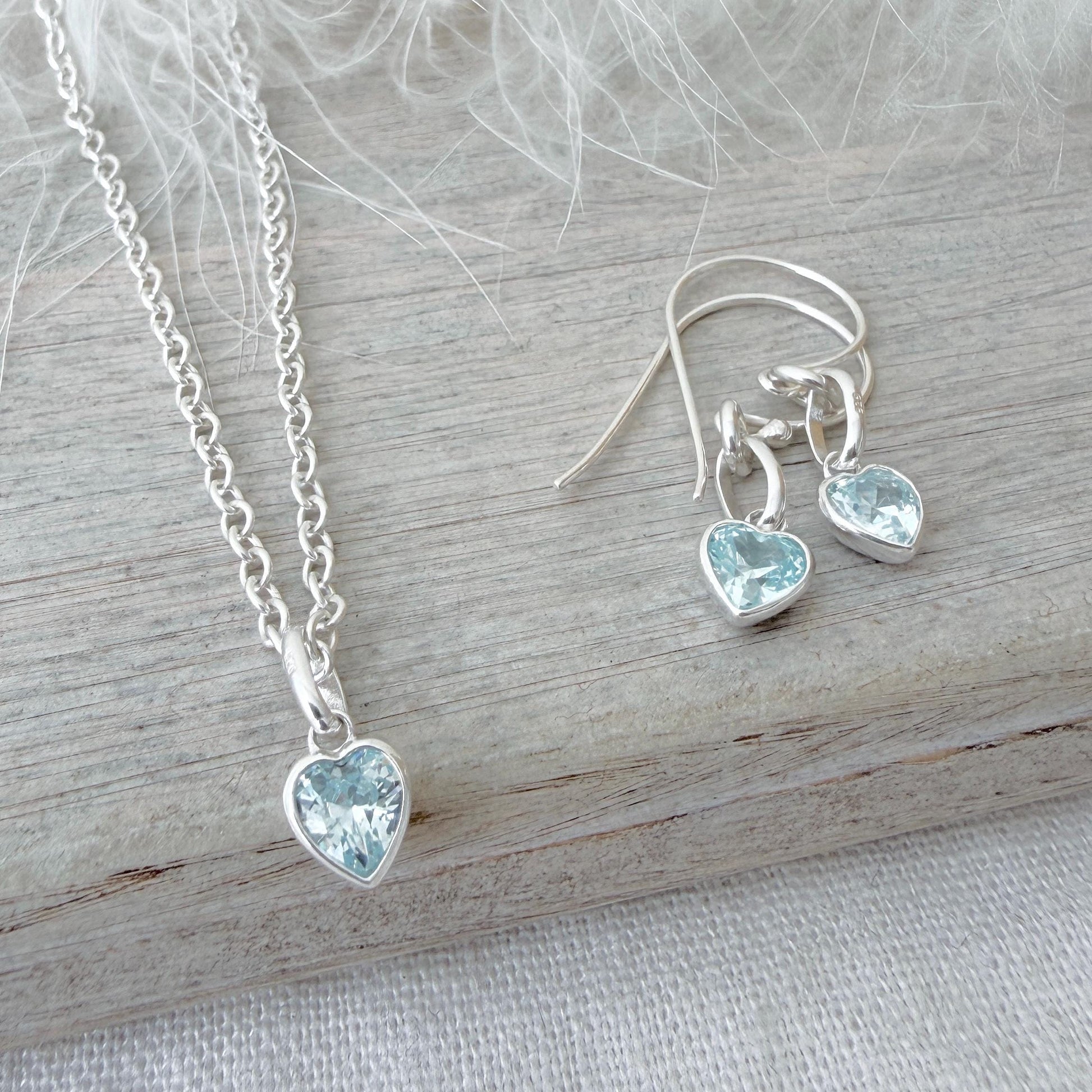Heart charm March birthstone jewellery set, sterling silver Earrings Necklace set