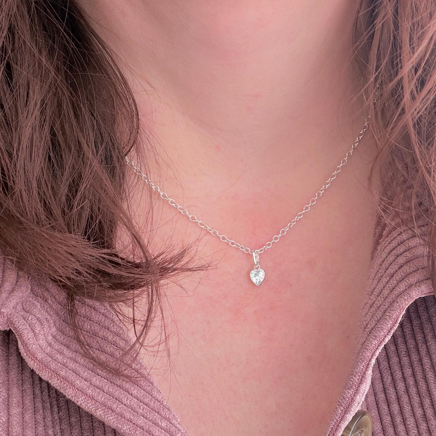 Heart charm March birthstone jewellery set, sterling silver Earrings Necklace set