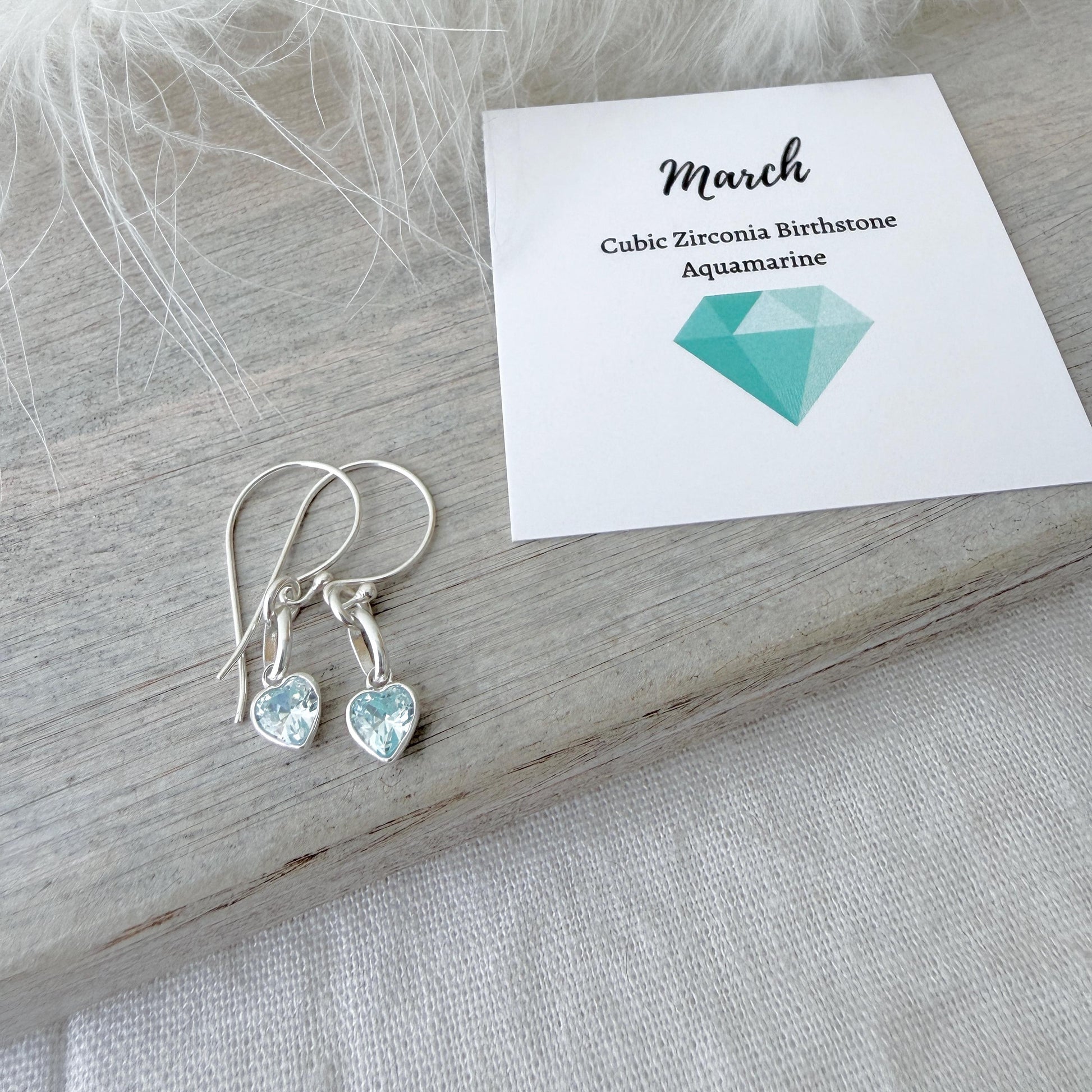 Heart shaped March Birthstone Earrings, Sterling Silver Cubic Zirconia drops, birthday gift for March