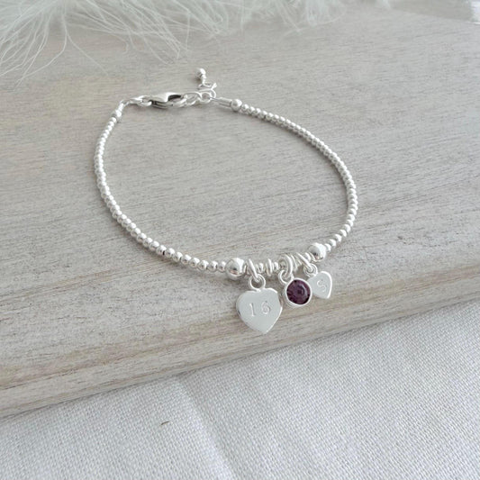 February Birthstone Bracelet, Personalised Sterling Silver Initial & Age Charm Gift for 16th 18th 21st 30th 40th 50th 60th 70th Birthday
