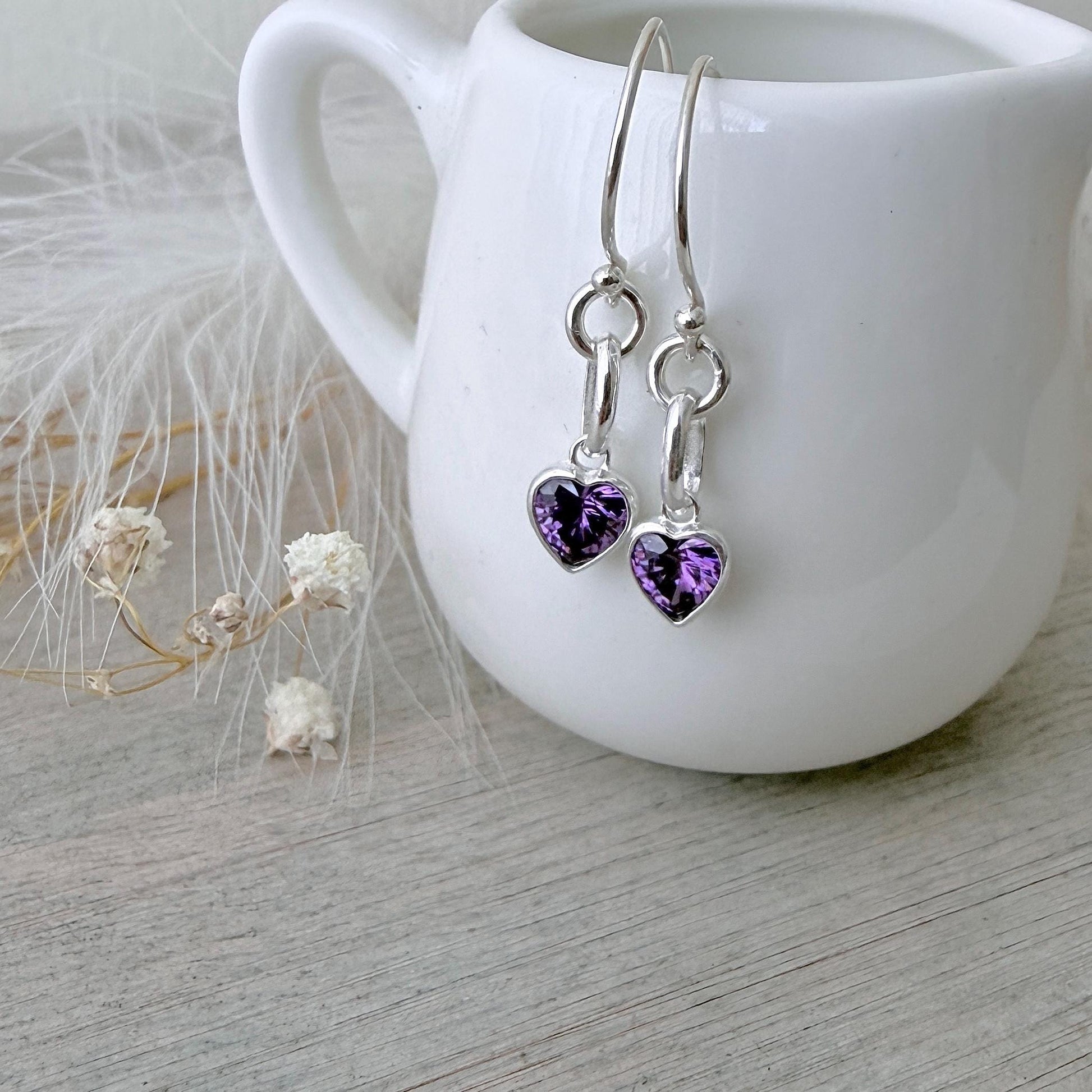 Heart shaped February Birthstone Earrings, Sterling Silver Cubic Zirconia drops, birthday gift for February