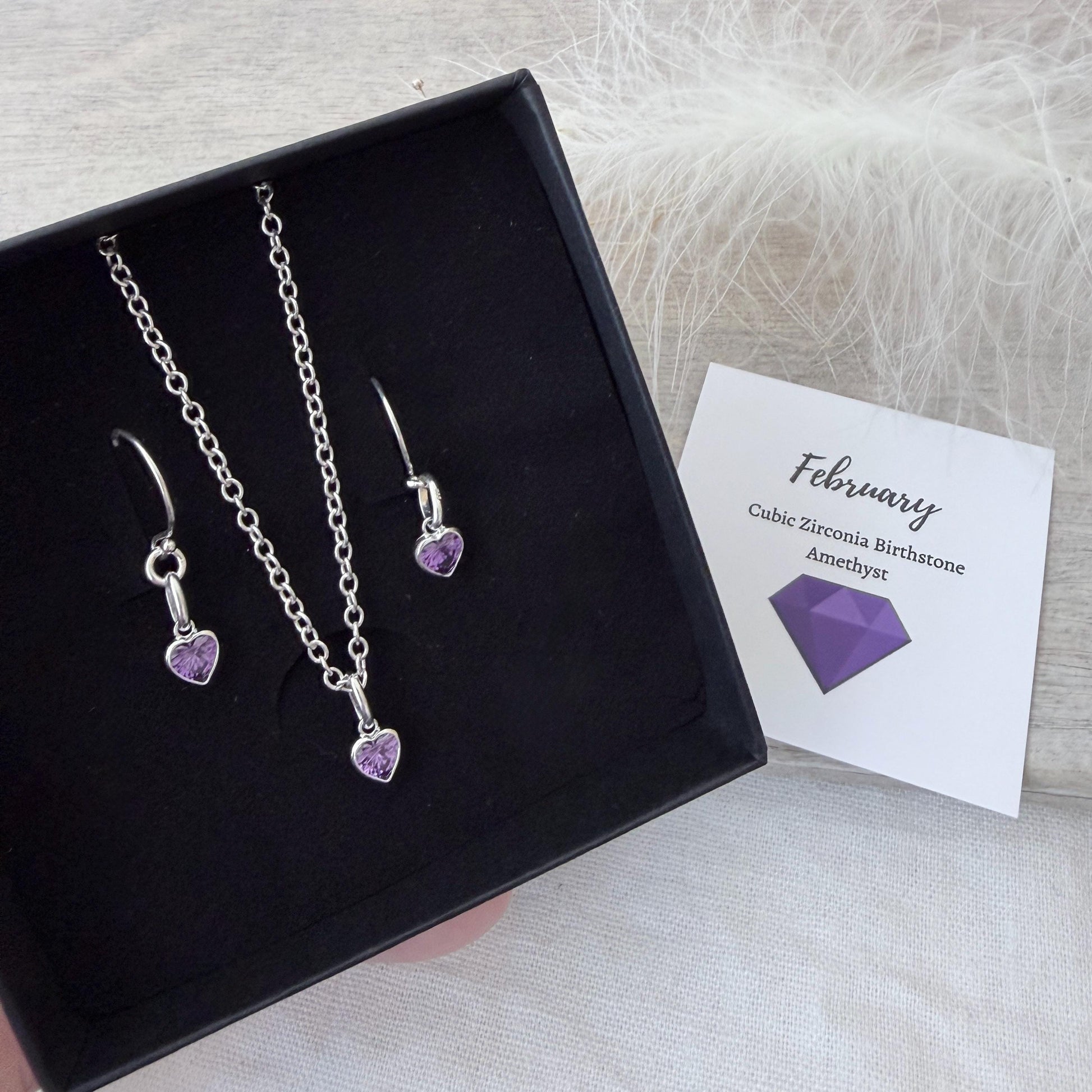 Heart shaped February Birthstone Earrings, Sterling Silver Cubic Zirconia drops, birthday gift for February