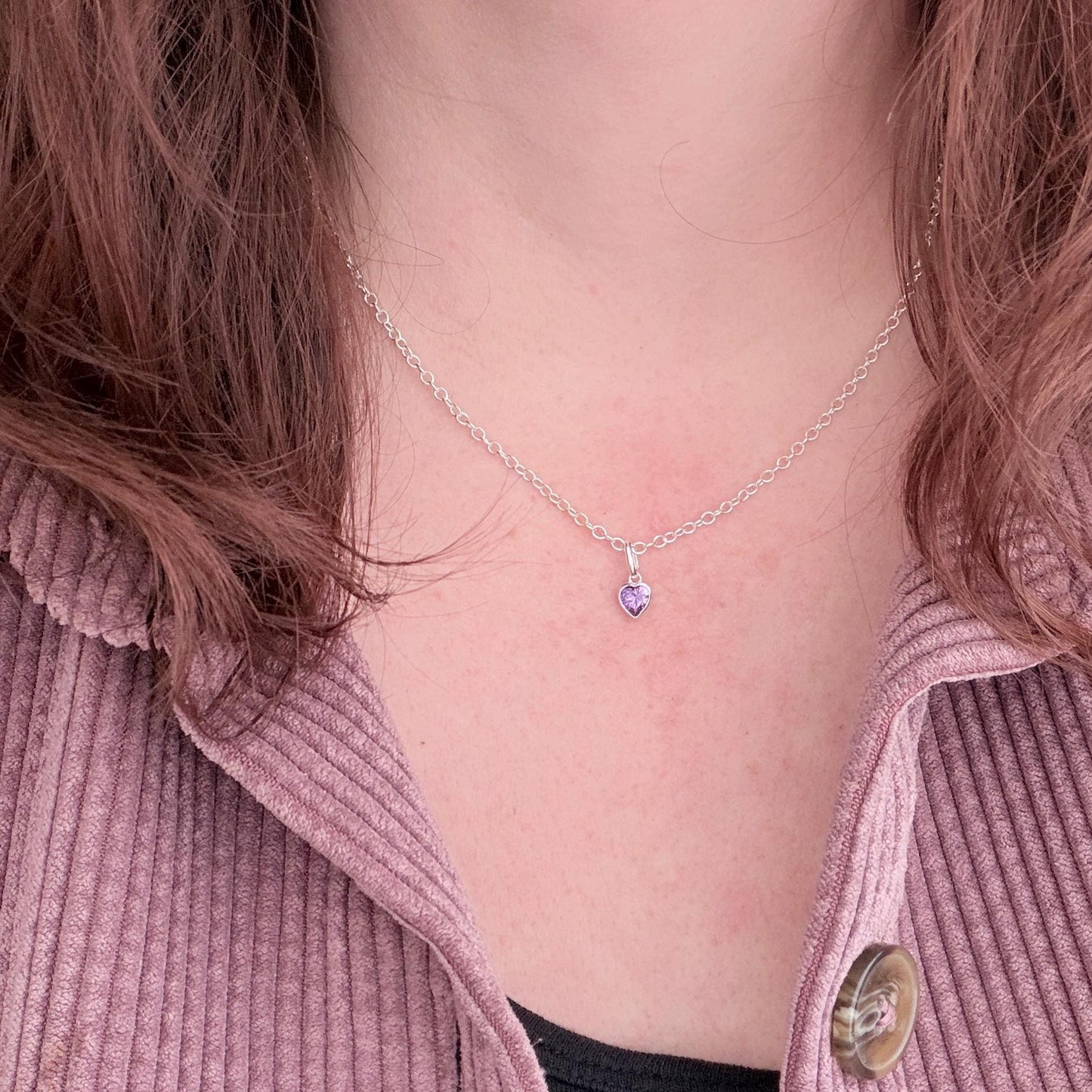 Heart charm February birthstone jewellery set, sterling silver Earrings Necklace set, birthday gift for women