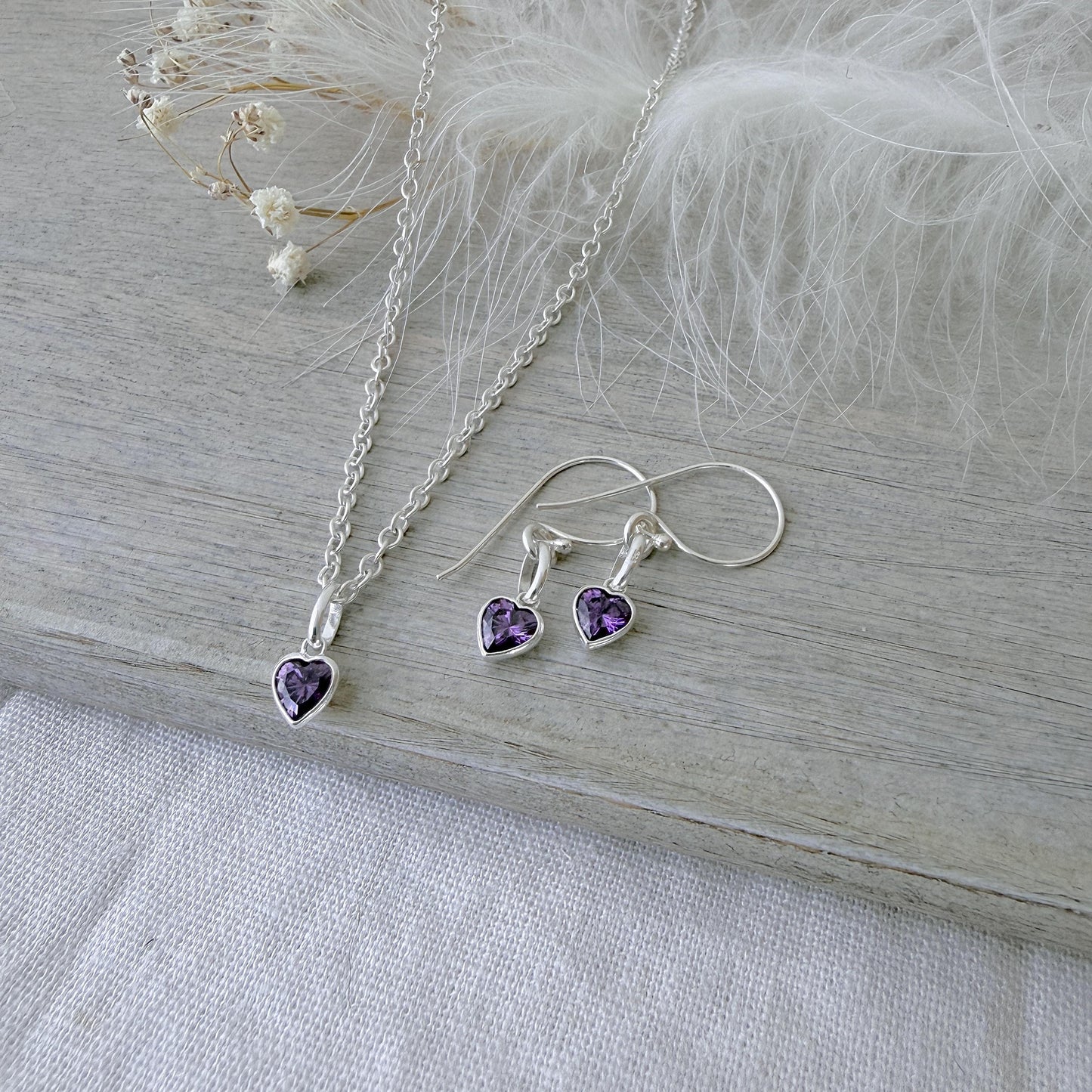 Heart charm February birthstone jewellery set, sterling silver Earrings Necklace set, birthday gift for women