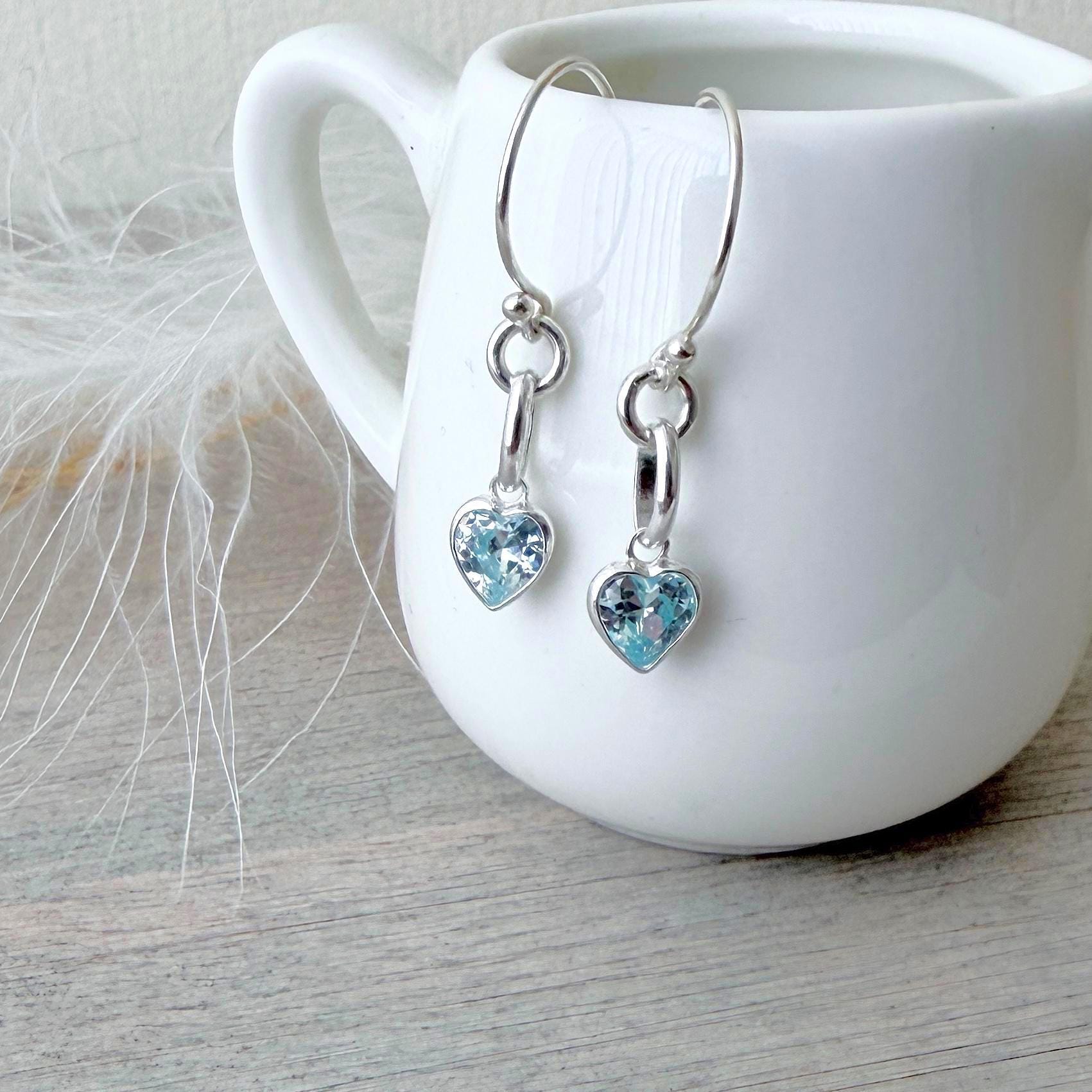 Heart shaped March Birthstone Earrings, Sterling Silver Cubic Zirconia drops, birthday gift for March