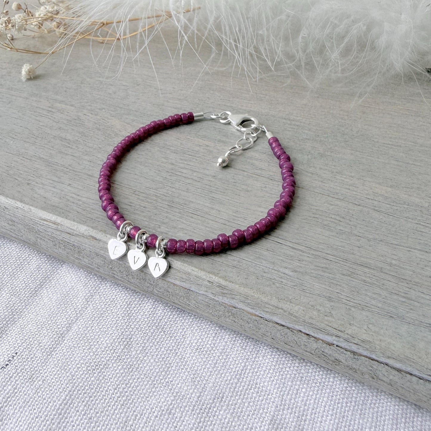 Personalised charm name bracelet, gift for daughter, dainty sterling silver heart jewellery