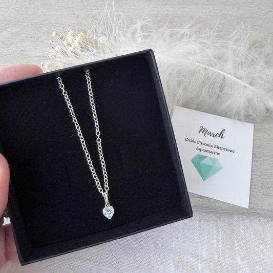 March Birthstone Necklace in Sterling Silver, Birthday Jewellery for Women