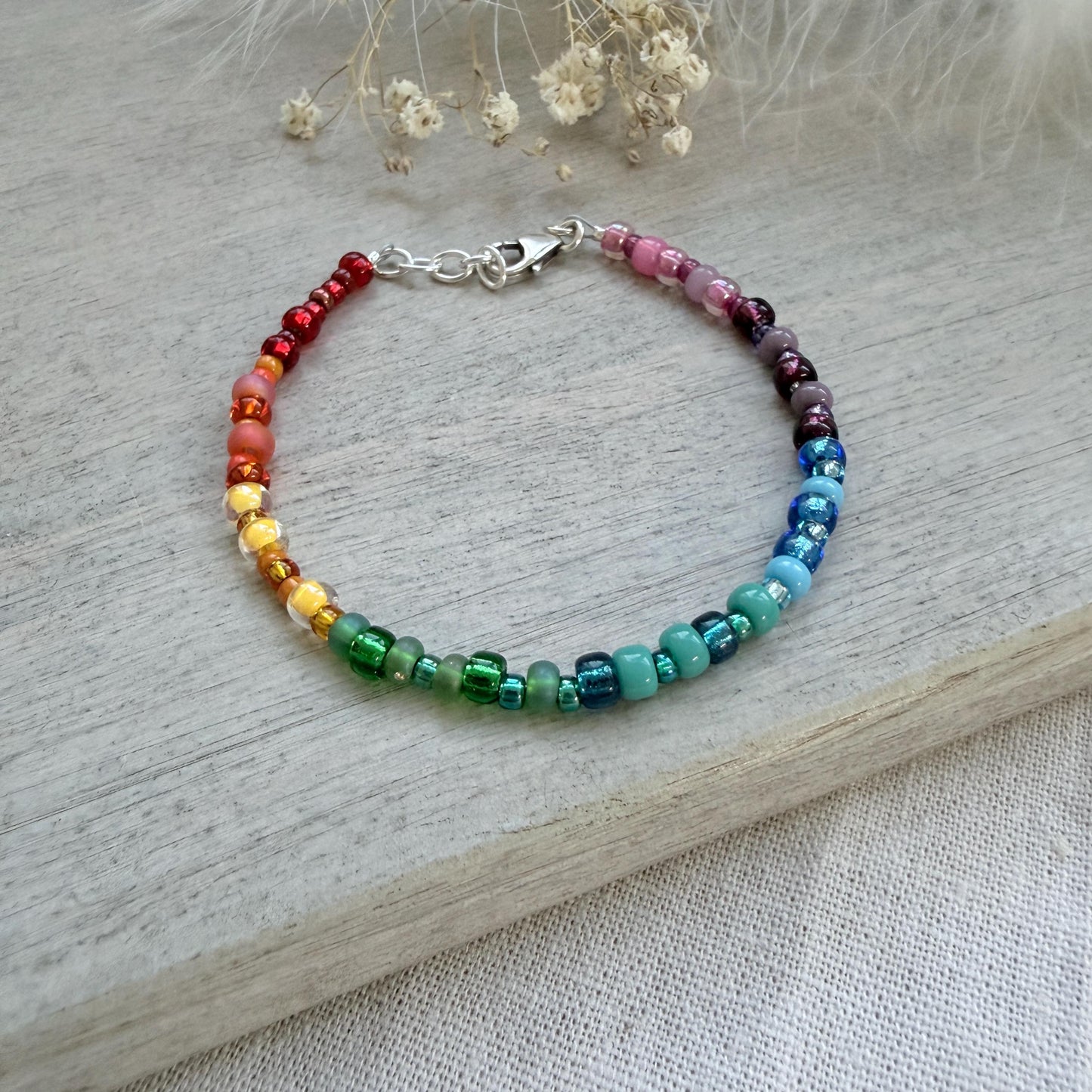 Thin Ombre Rainbow Bracelet with seed beads rainbow colours