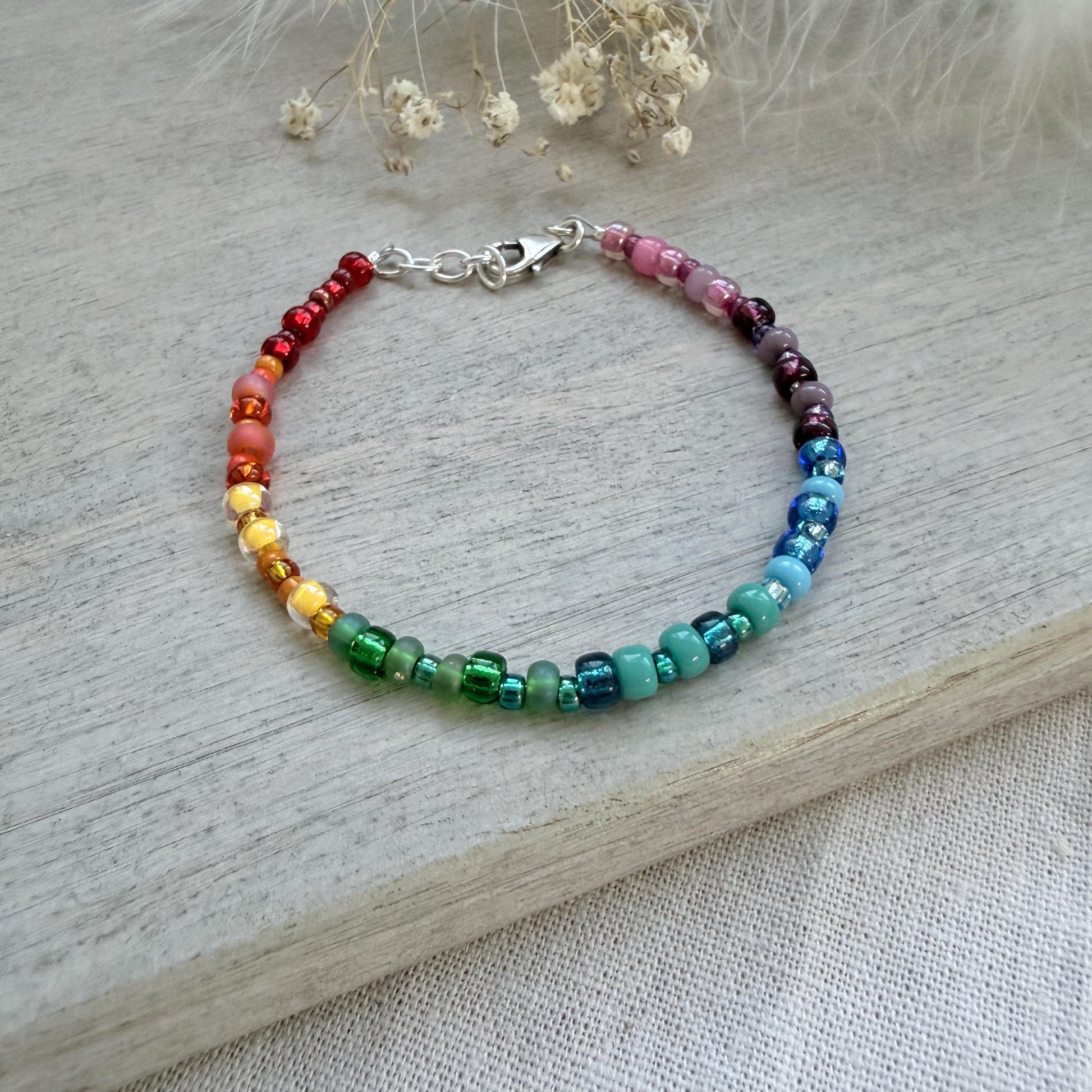 Thin Ombre Rainbow Bracelet with seed beads rainbow colours
