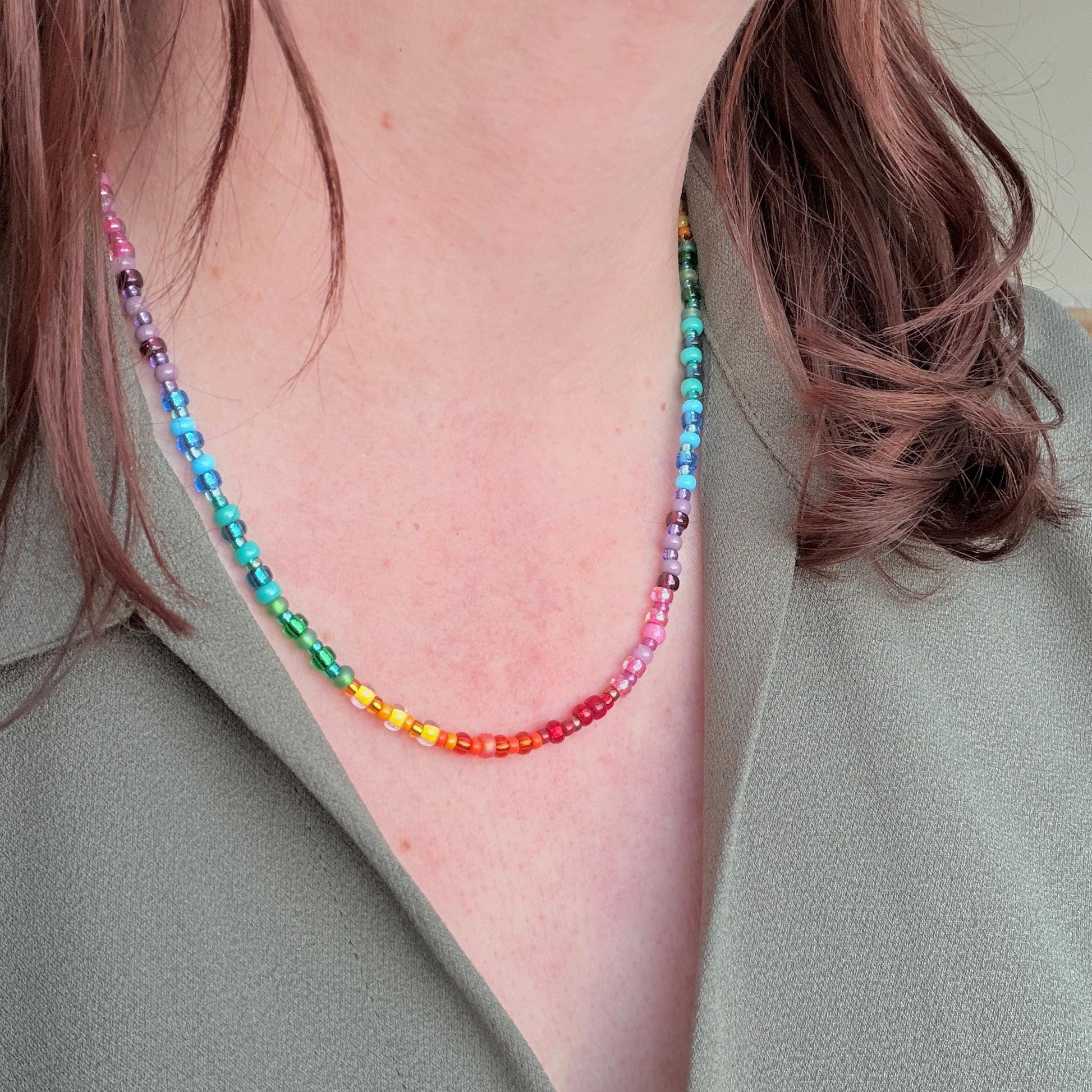 Rainbow necklace with 4mm glass seed beads, colourful summer jewellery for women