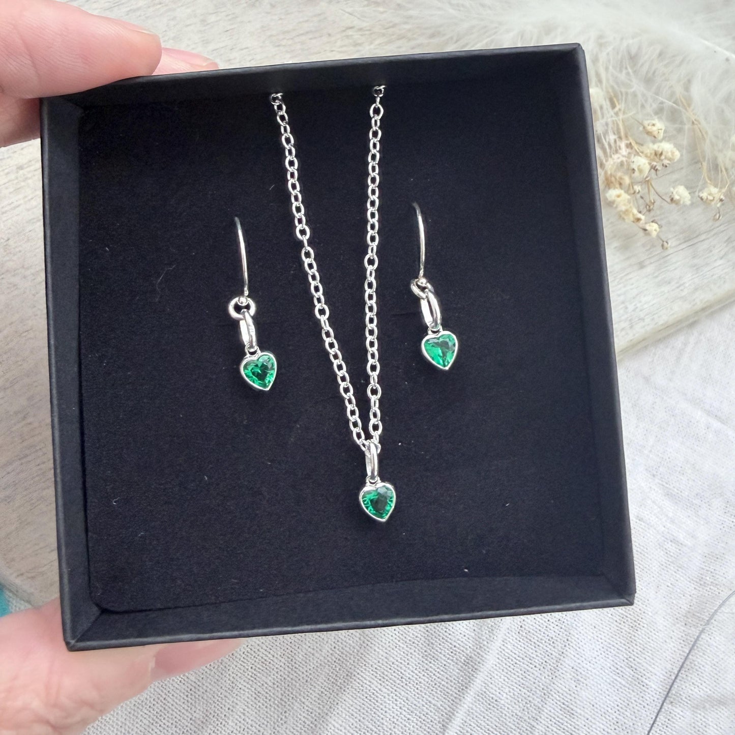 Heart charm May birthstone jewellery set, sterling silver Earrings Necklace set, birthday gift for women