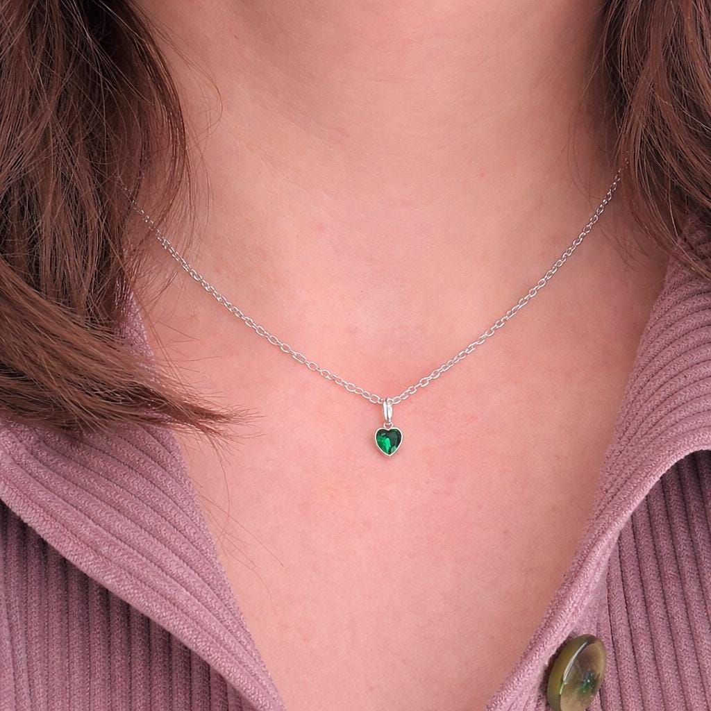 Heart charm May birthstone jewellery set, sterling silver Earrings Necklace set