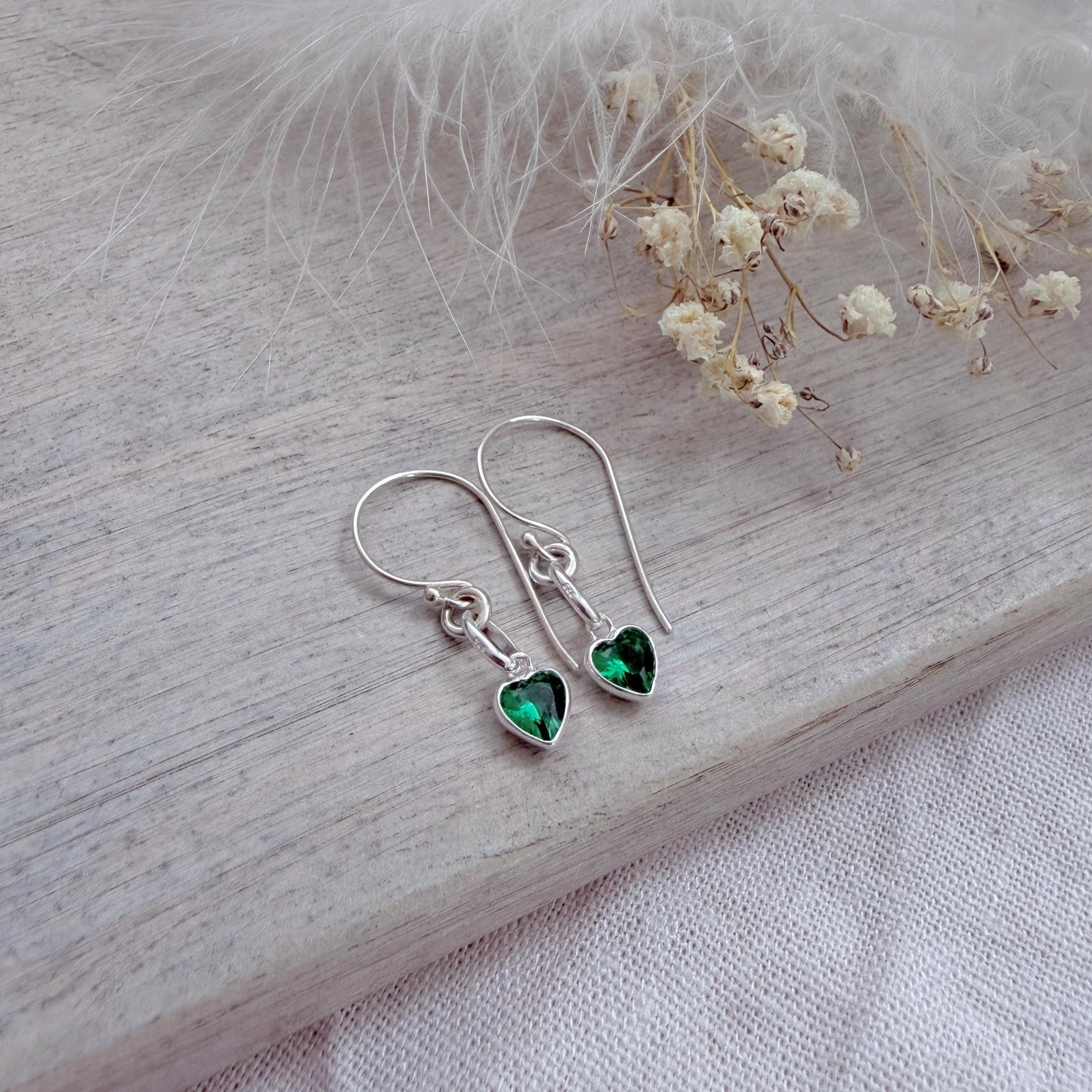 Heart shaped May Birthstone Earrings, Sterling Silver Cubic Zirconia drops, birthday gift for May