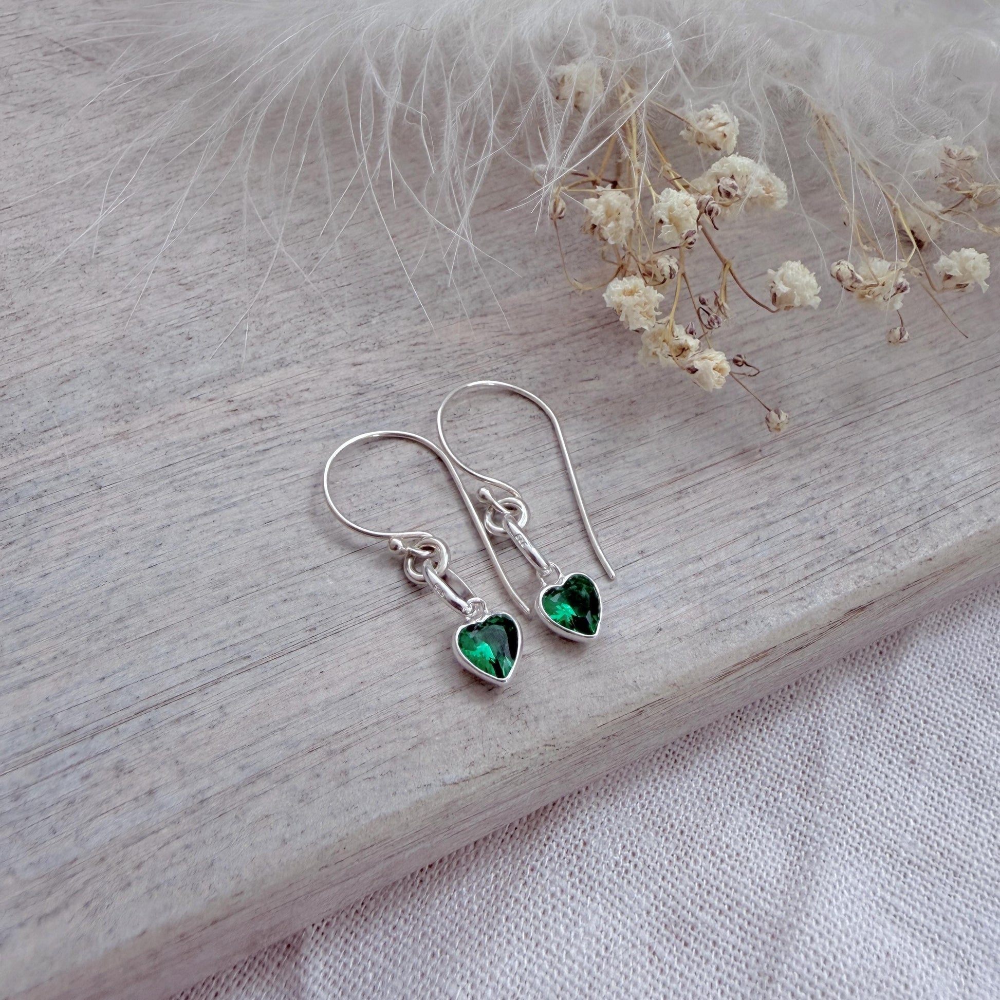 Heart shaped May Birthstone Earrings, Sterling Silver Cubic Zirconia drops, birthday gift for May